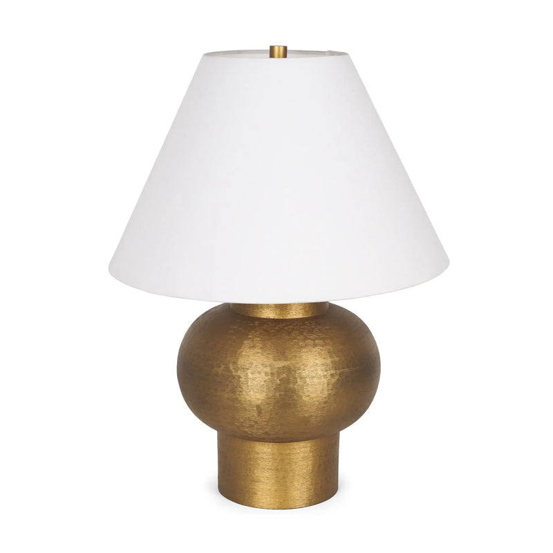 Gold hammered table lamp with white fabric shade, modern style for elegant home decor.