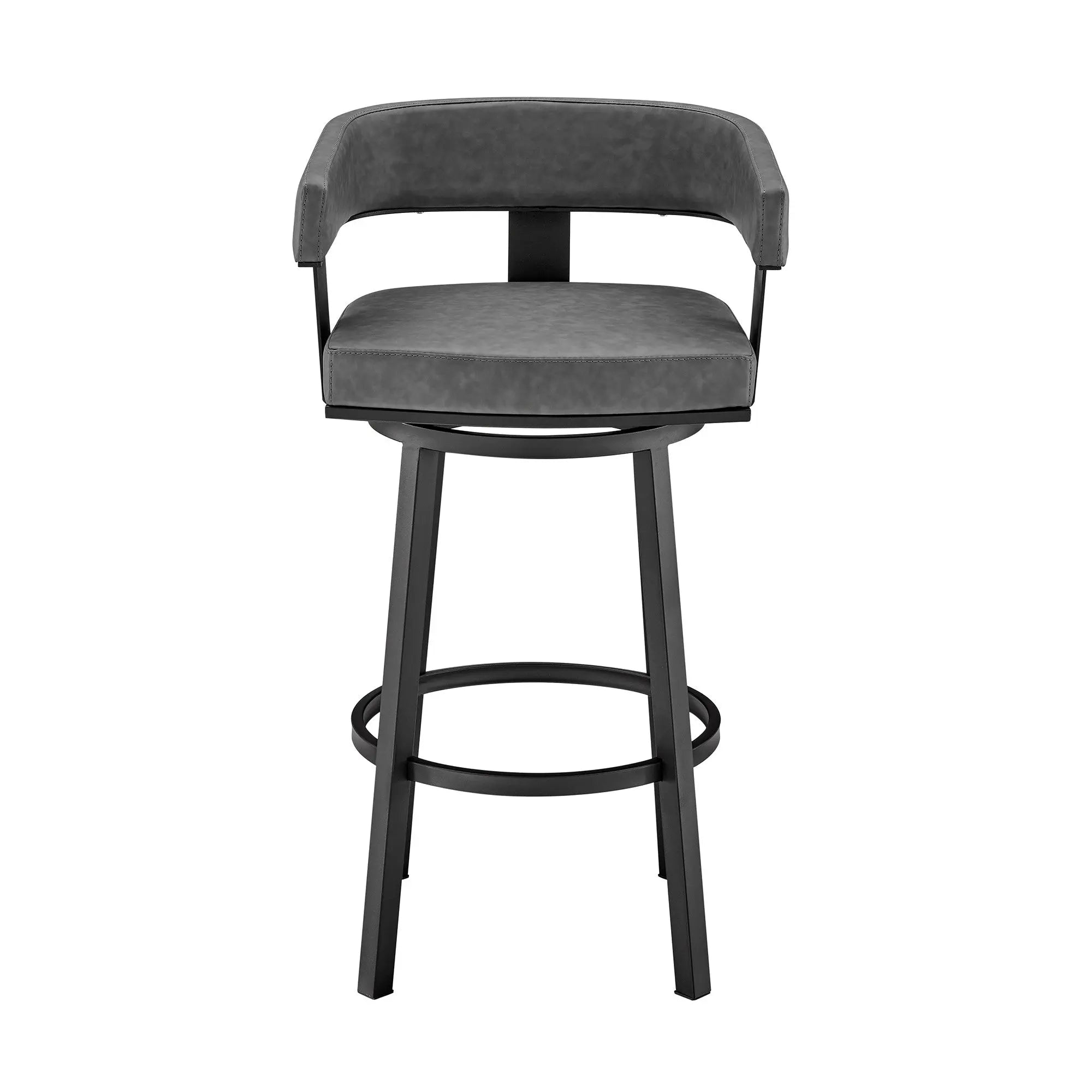 26" Gray And Black Faux Leather And Iron Swivel Low Back Counter Height Bar Chair Homeroots Living Room