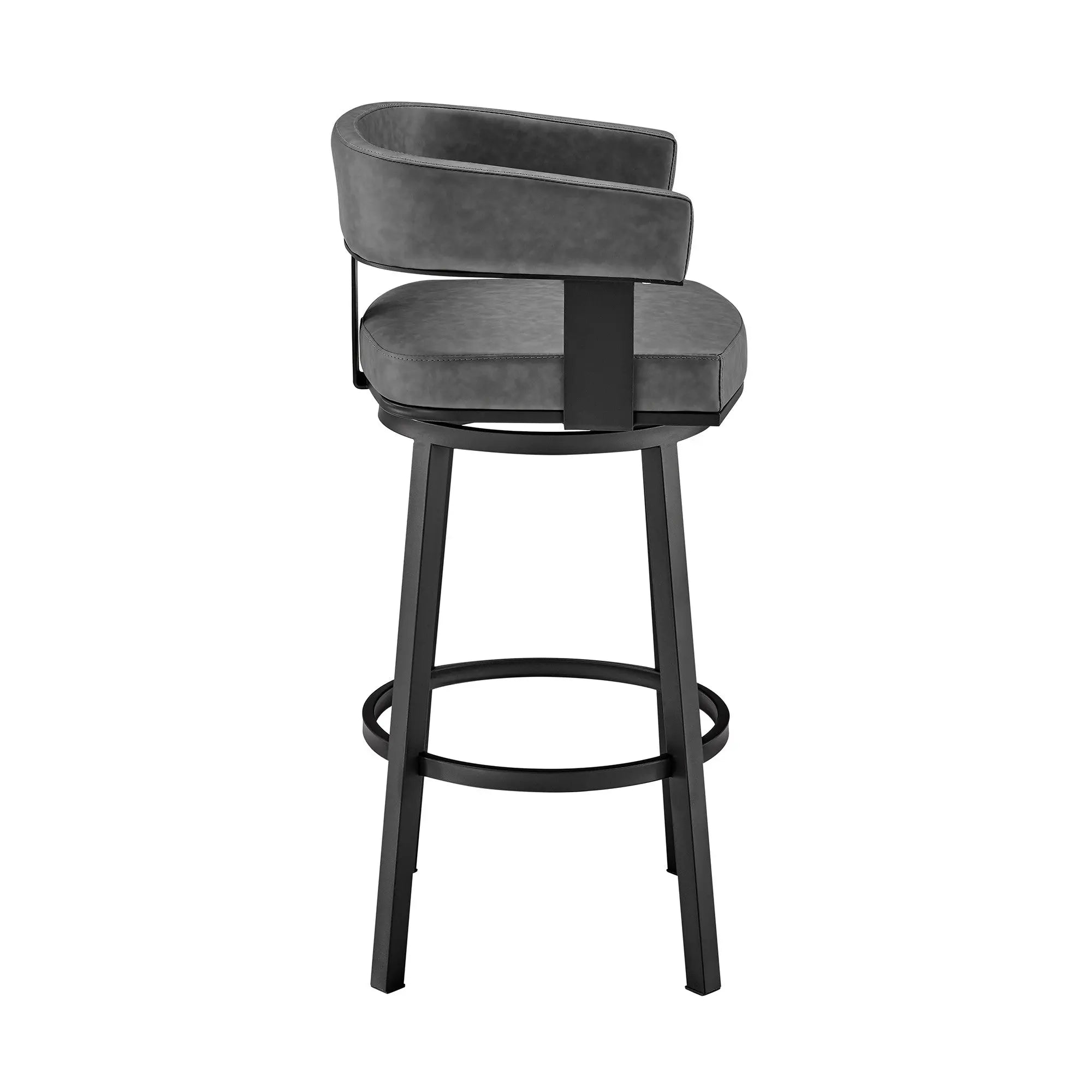 26" Gray And Black Faux Leather And Iron Swivel Low Back Counter Height Bar Chair Homeroots Living Room