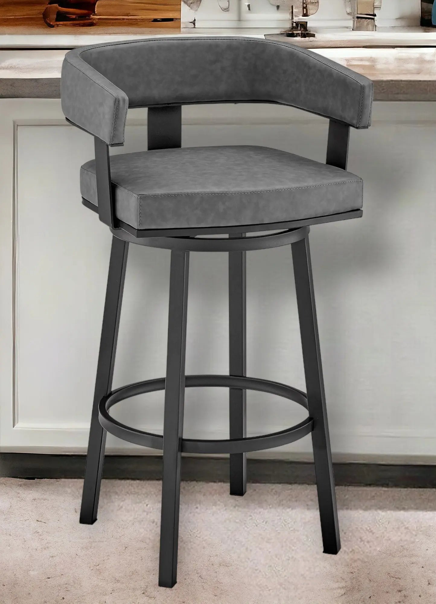 26" Gray And Black Faux Leather And Iron Swivel Low Back Counter Height Bar Chair Homeroots Living Room