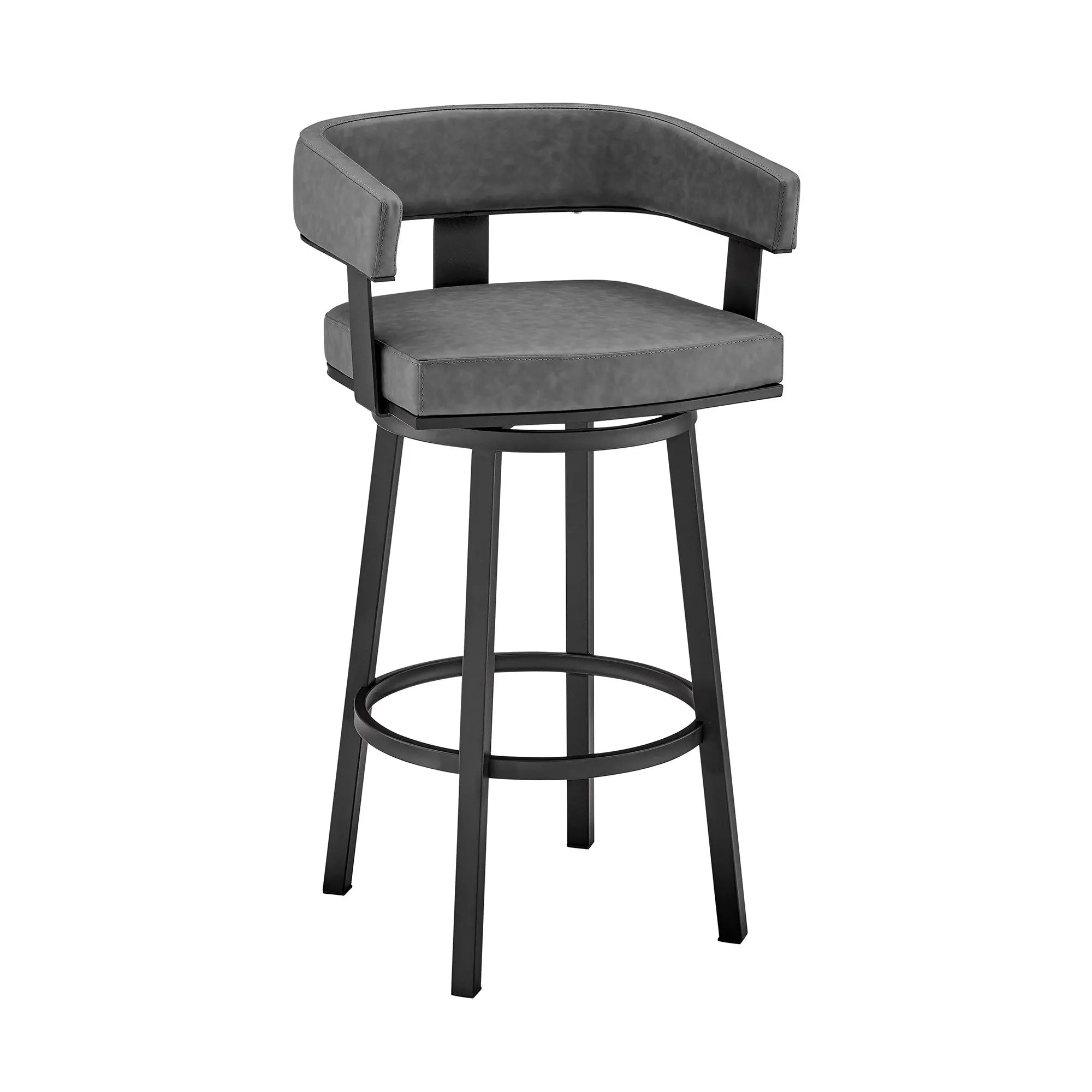 26" Gray And Black Faux Leather And Iron Swivel Low Back Counter Height Bar Chair Homeroots Living Room