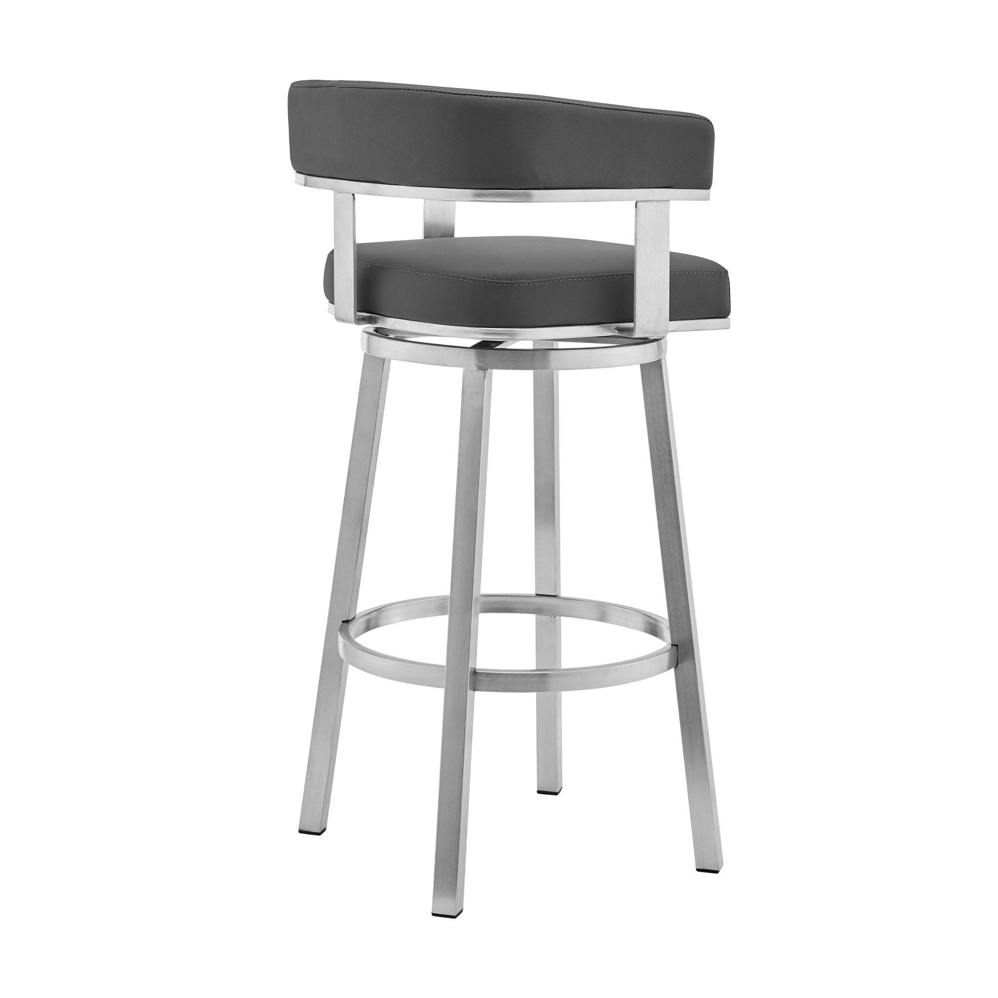 26" Gray And Silver Faux Leather And Iron Swivel Low Back Counter Height Bar Chair - GreatEagleInc