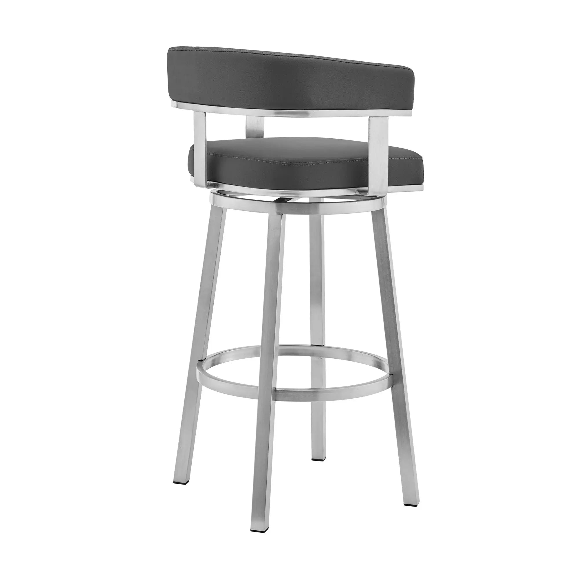 26" Gray And Silver Faux Leather And Iron Swivel Low Back Counter Height Bar Chair - GreatEagleInc