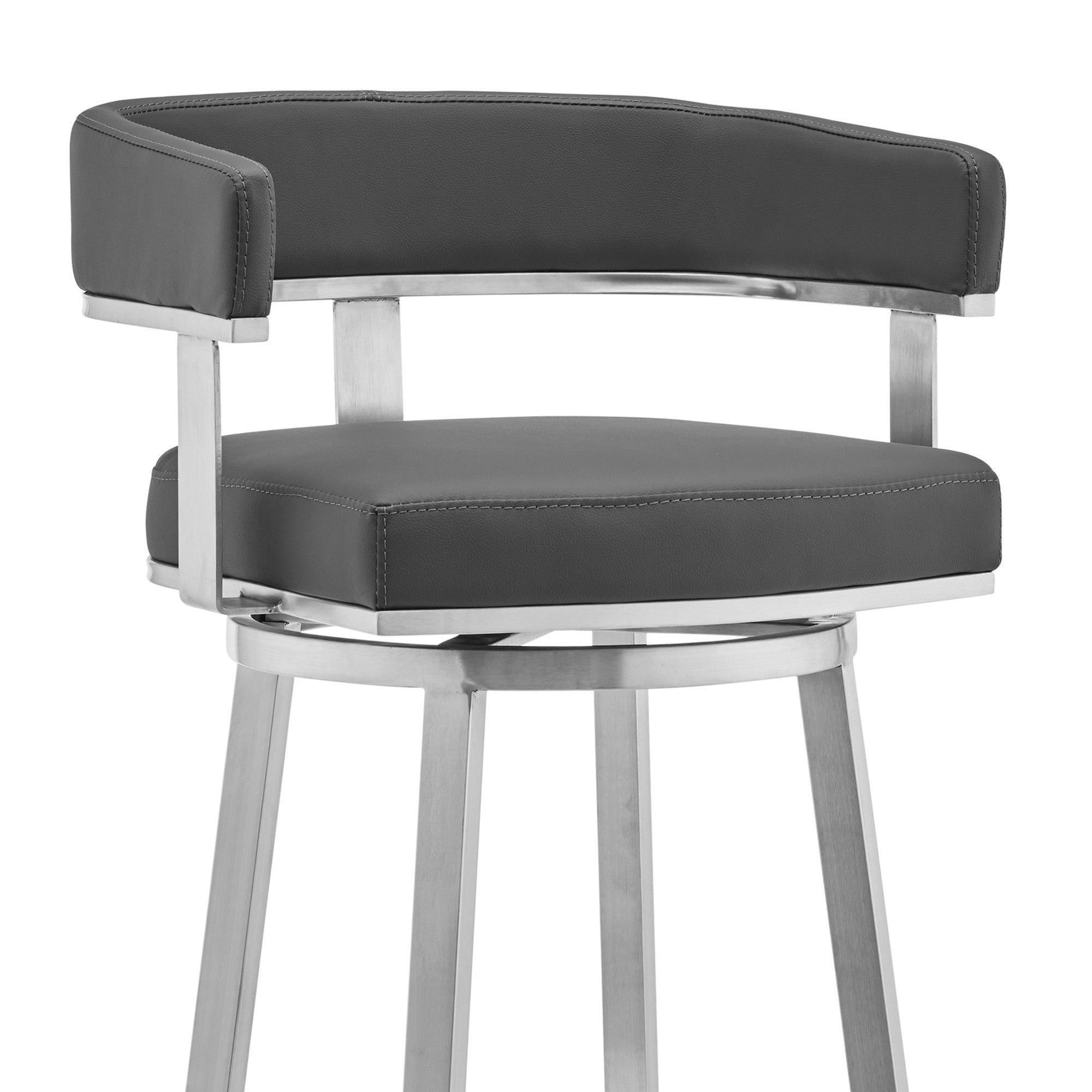 26" Gray And Silver Faux Leather And Iron Swivel Low Back Counter Height Bar Chair - GreatEagleInc