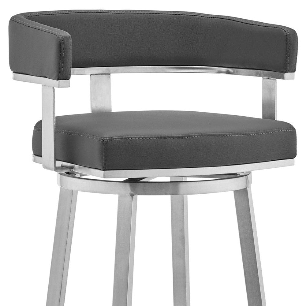 26" Gray And Silver Faux Leather And Iron Swivel Low Back Counter Height Bar Chair - GreatEagleInc