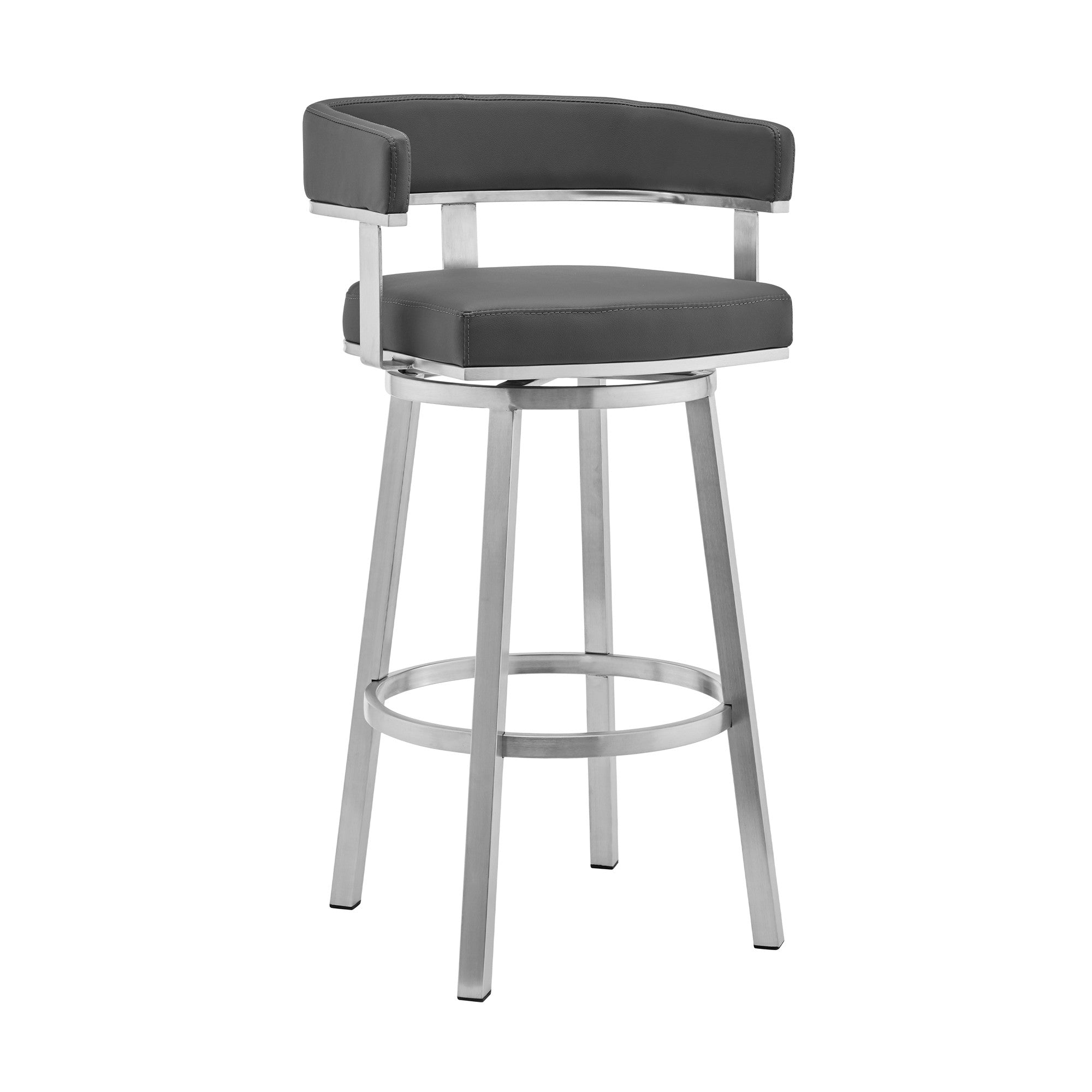 26" Gray And Silver Faux Leather And Iron Swivel Low Back Counter Height Bar Chair - GreatEagleInc