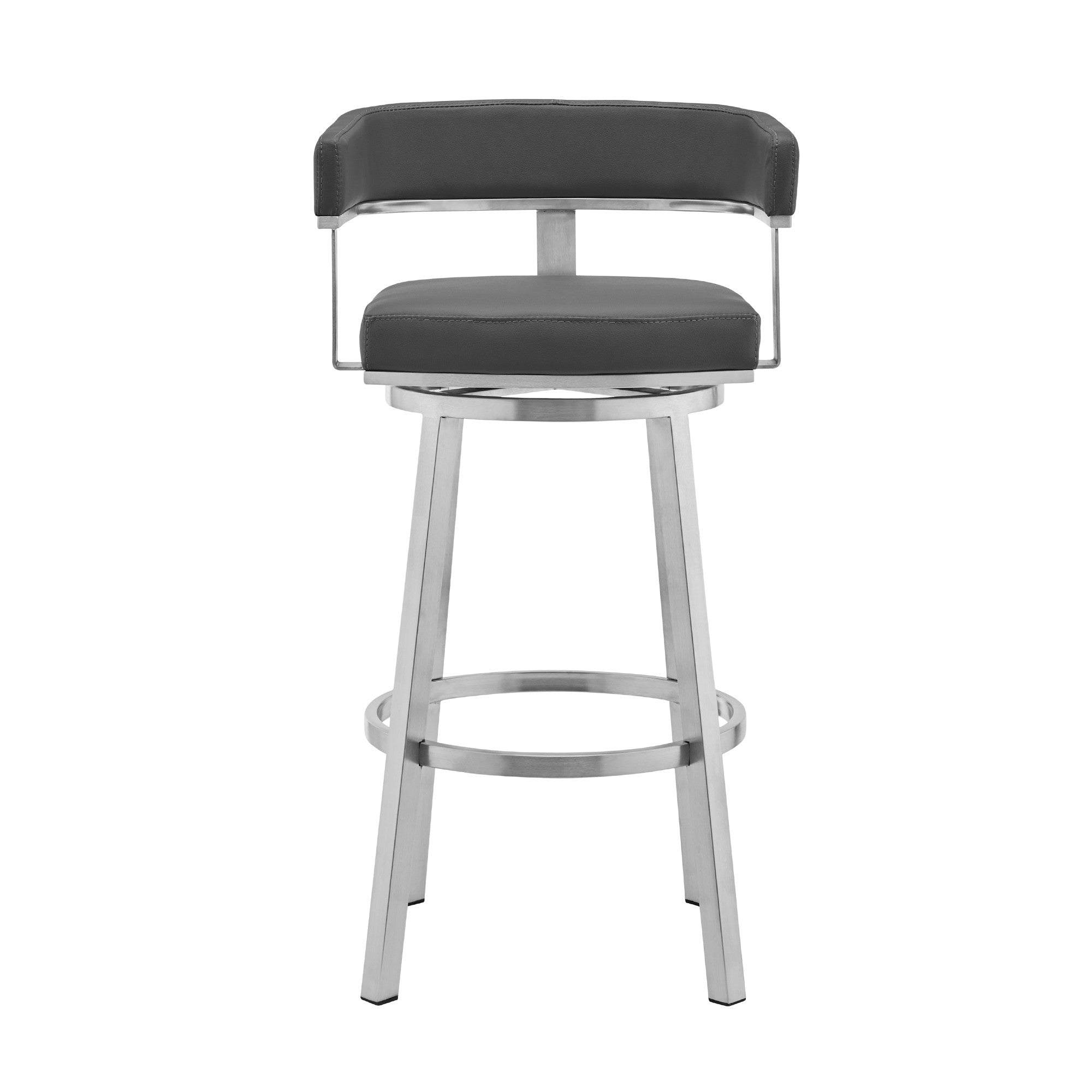 26" Gray And Silver Faux Leather And Iron Swivel Low Back Counter Height Bar Chair - GreatEagleInc