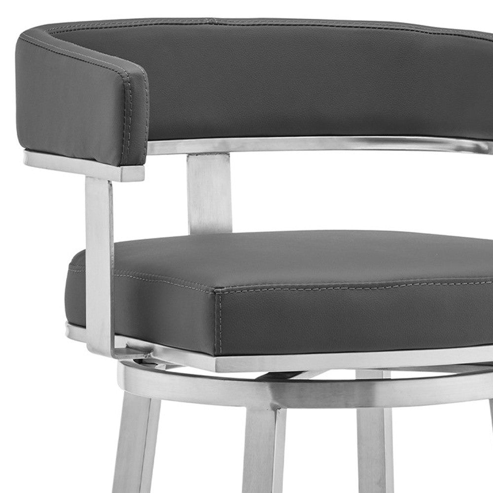 26" Gray And Silver Faux Leather And Iron Swivel Low Back Counter Height Bar Chair - GreatEagleInc