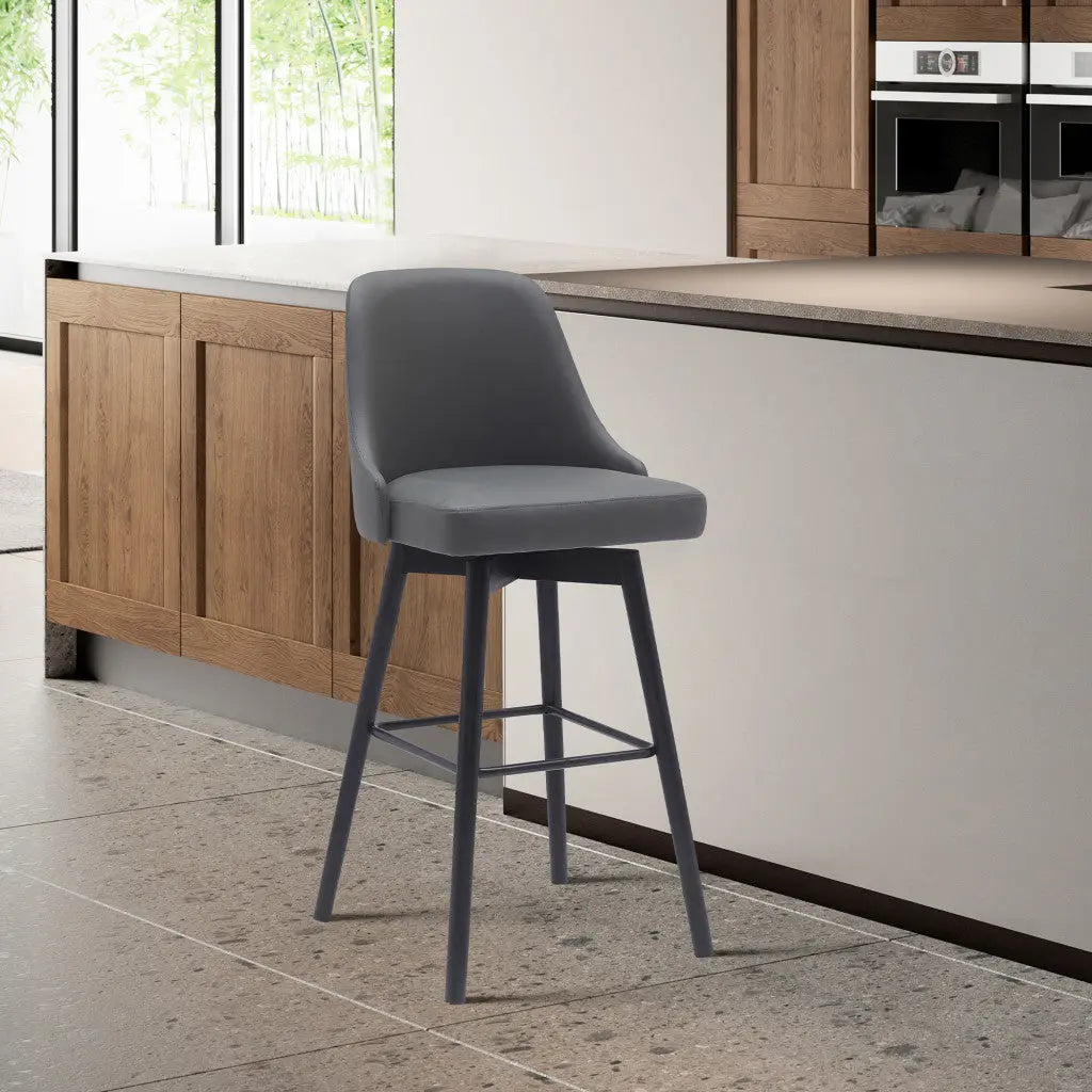 26" Gray and Black Faux Leather with Solid Wood Swivel Counter Height Bar Chair Homeroots Living Room
