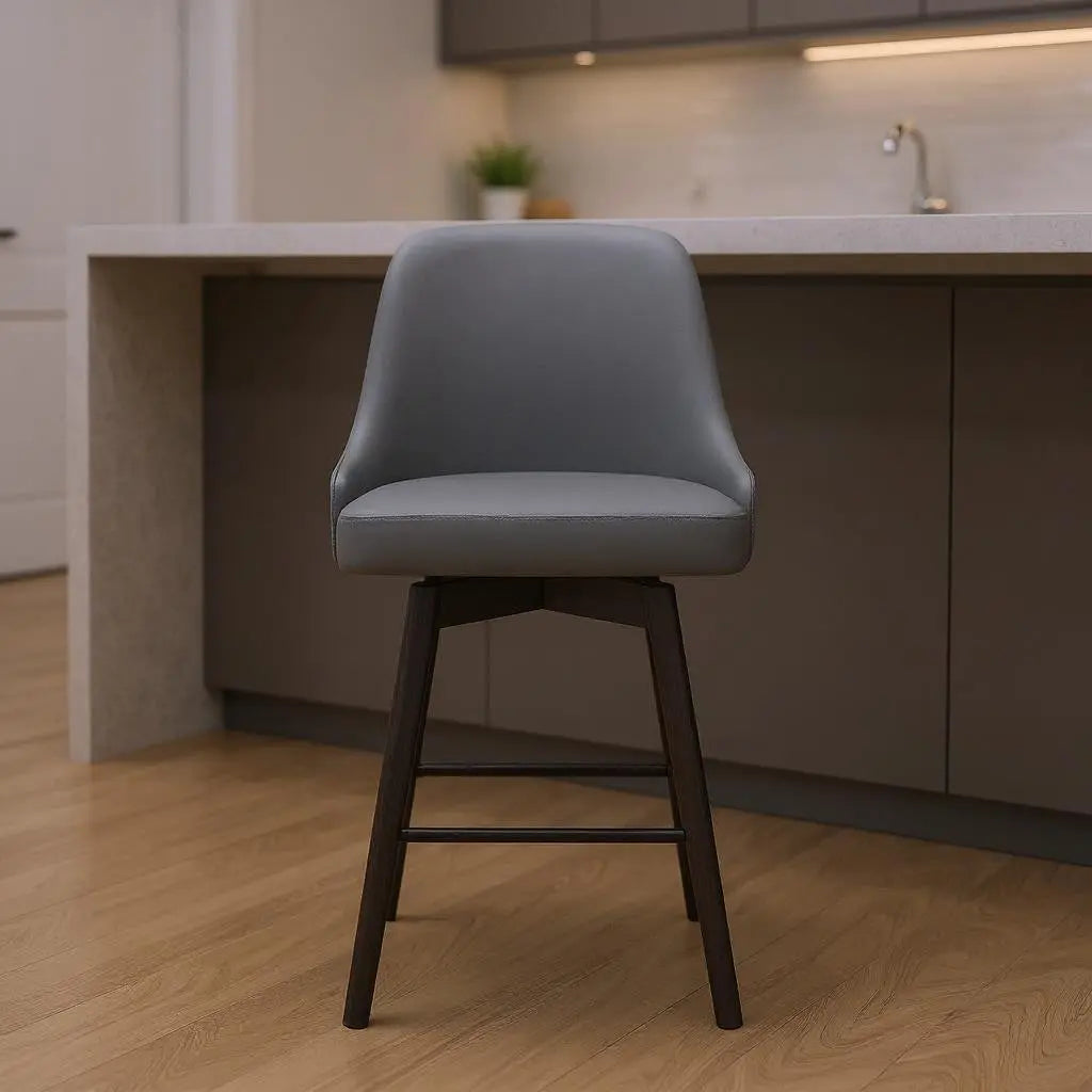 26" Gray and Black Faux Leather with Solid Wood Swivel Counter Height Bar Chair Homeroots Living Room