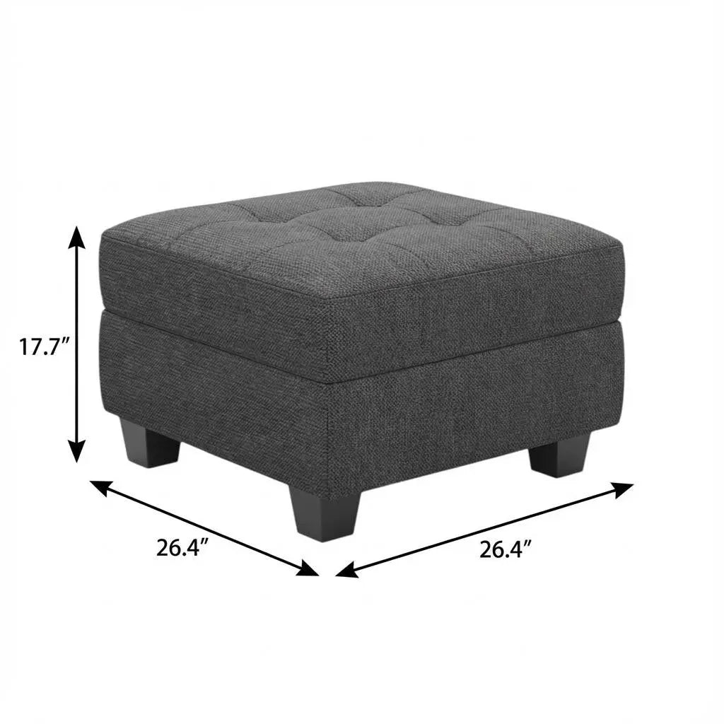 26" Gray and Black Solid Wood and Linen Tufted Storage Ottoman Homeroots Living Room