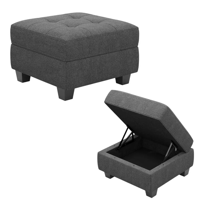 26" Gray and Black Solid Wood and Linen Tufted Storage Ottoman Homeroots Living Room