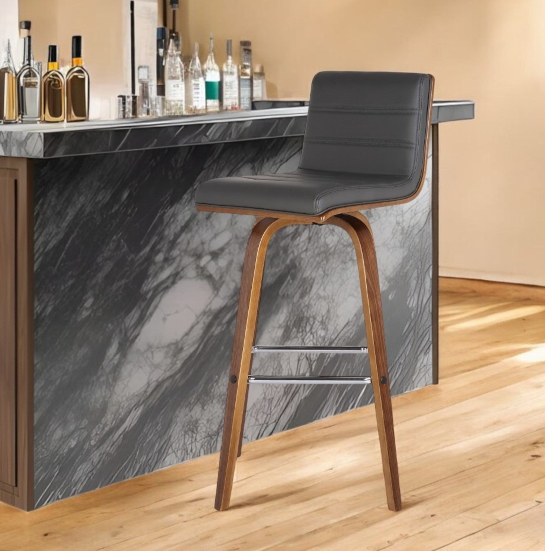 26" Gray and Brown Fabric and Solid Wood Low Back Counter Height Swivel Bar Chair - GreatEagleInc