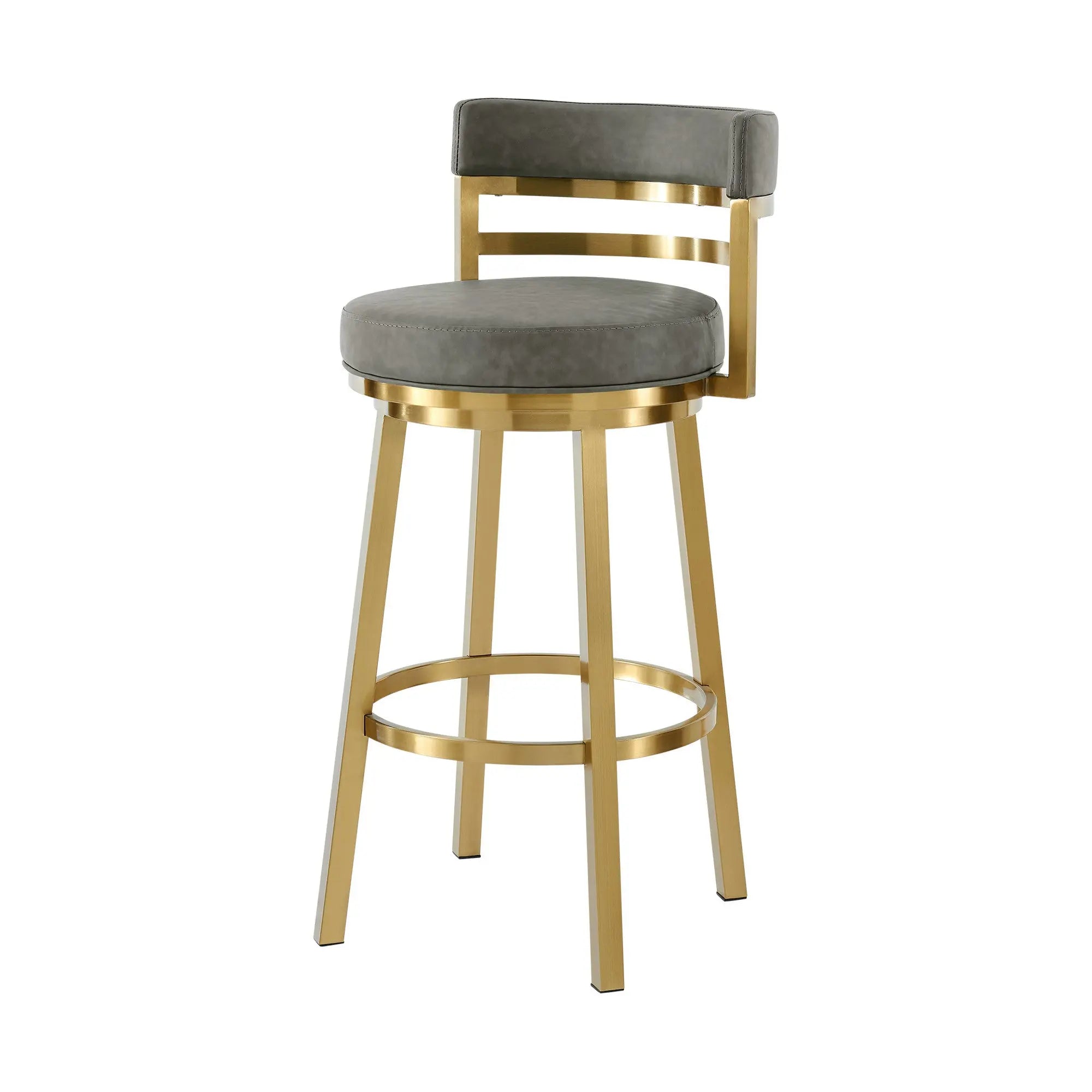 26" Gray and Gold Faux Leather and Stainless Steel Low Back Counter Height Swivel Bar Chair Homeroots Living Room