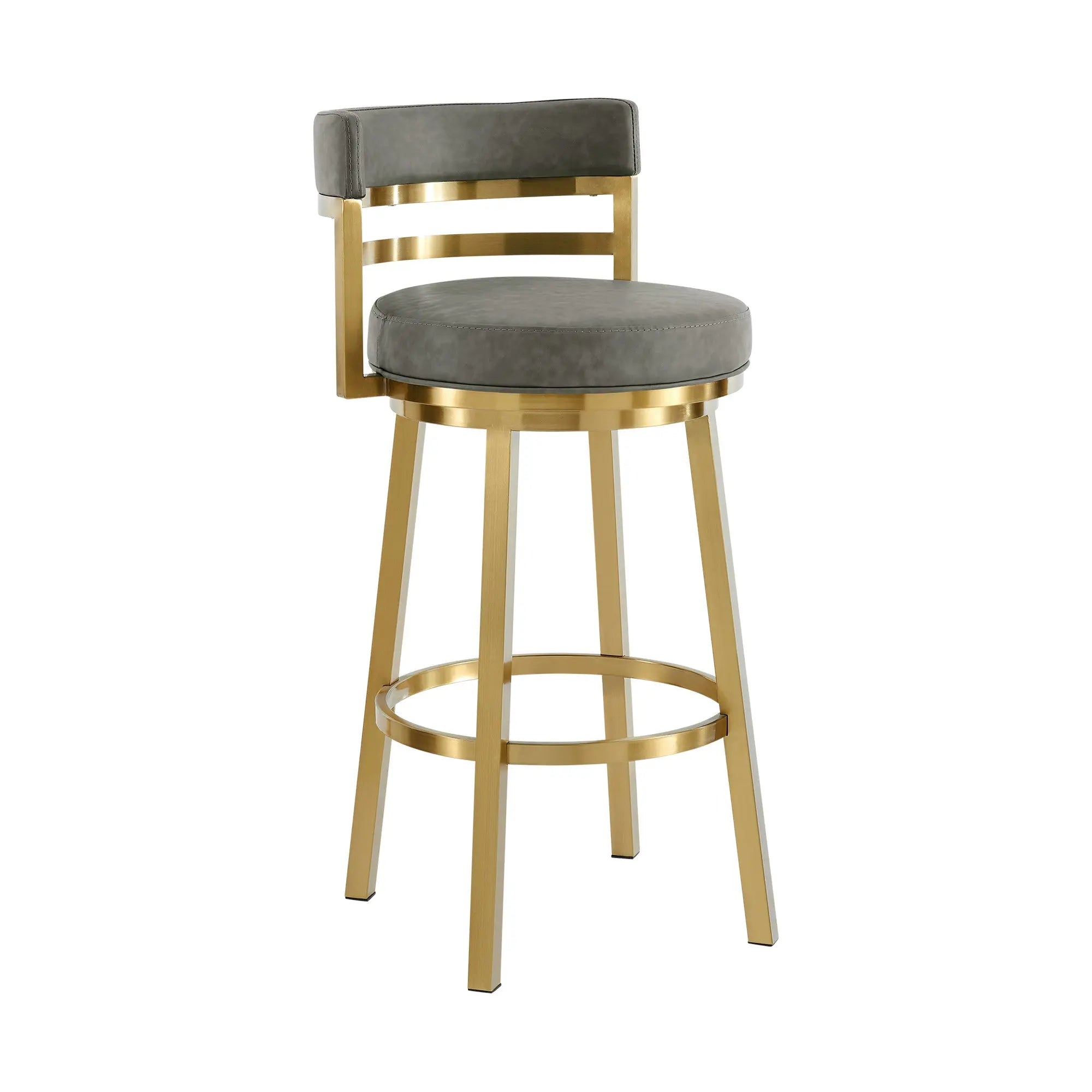 26" Gray and Gold Faux Leather and Stainless Steel Low Back Counter Height Swivel Bar Chair Homeroots Living Room