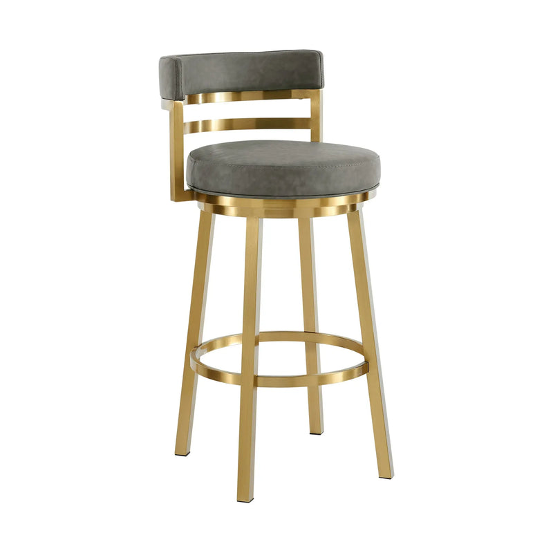 26" Gray and Gold Faux Leather and Stainless Steel Low Back Counter Height Swivel Bar Chair Homeroots Living Room