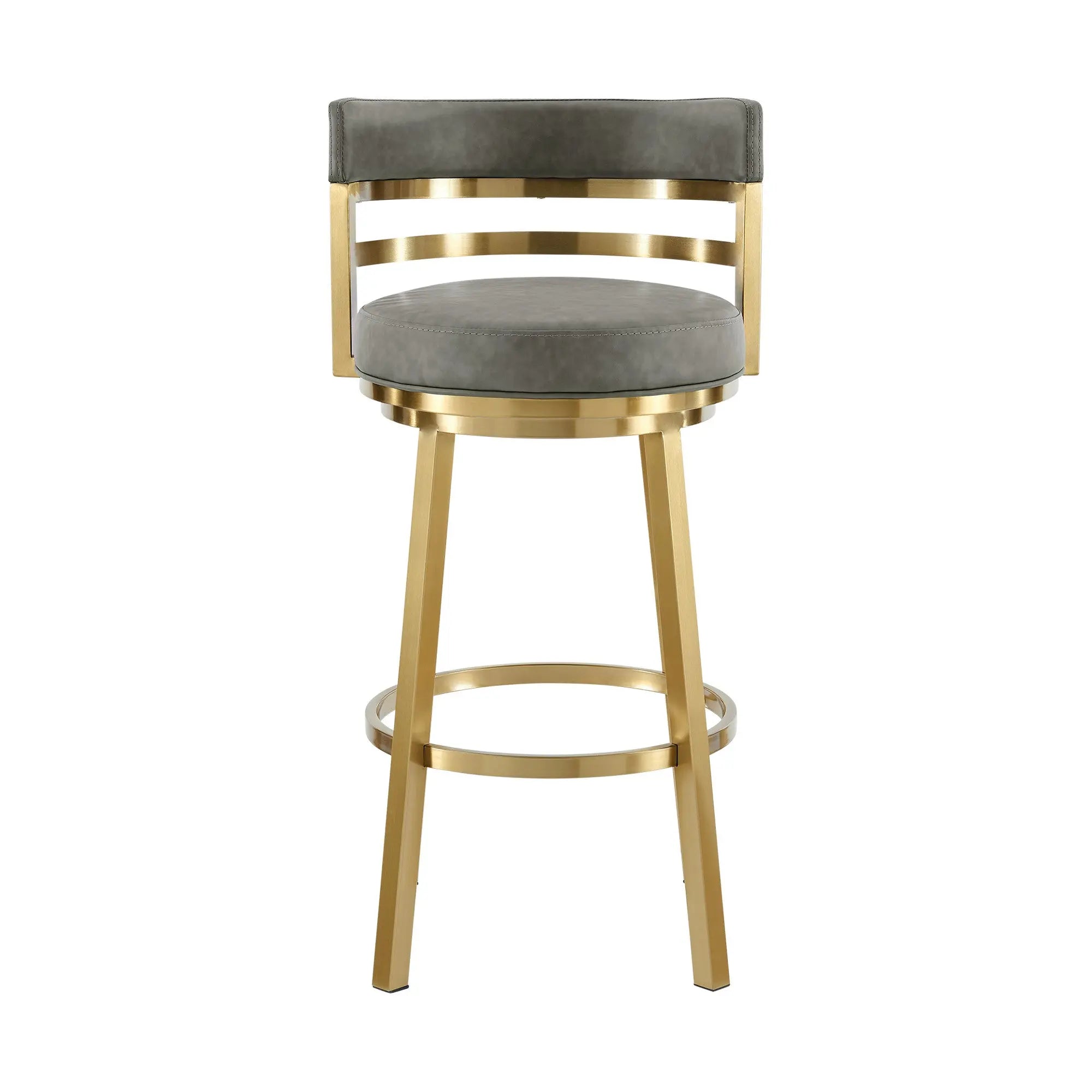 26" Gray and Gold Faux Leather and Stainless Steel Low Back Counter Height Swivel Bar Chair Homeroots Living Room