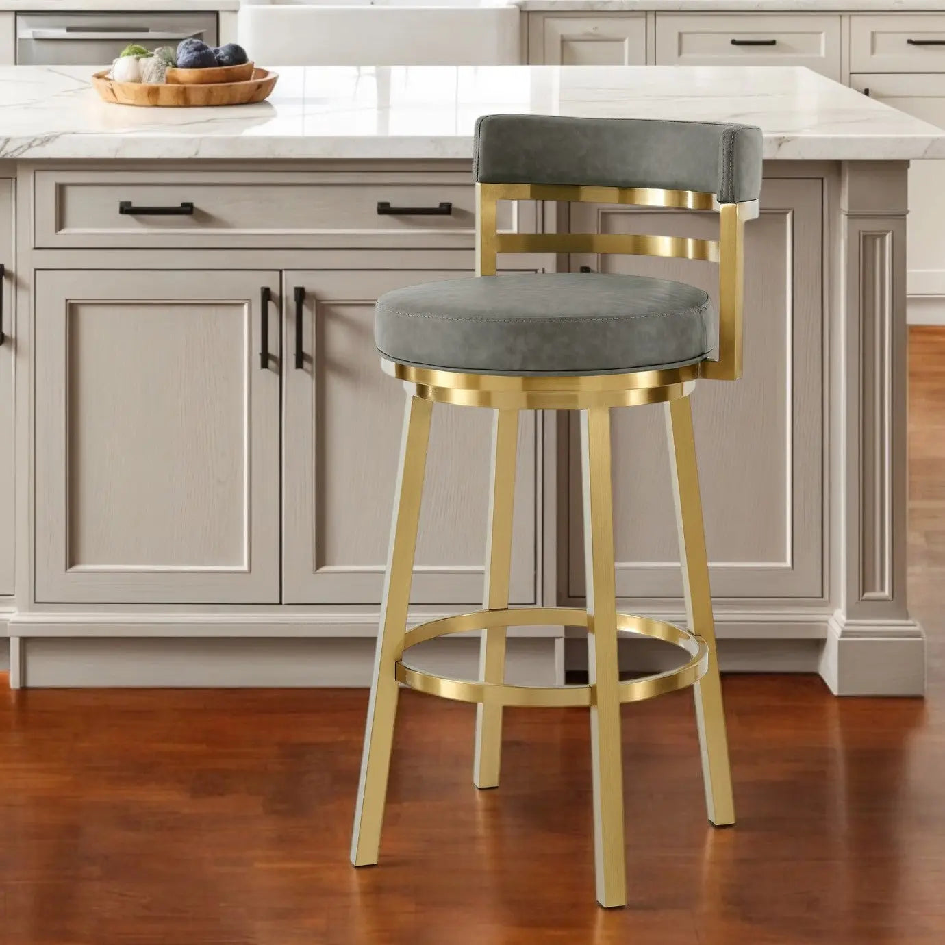 26" Gray and Gold Faux Leather and Stainless Steel Low Back Counter Height Swivel Bar Chair Homeroots Living Room