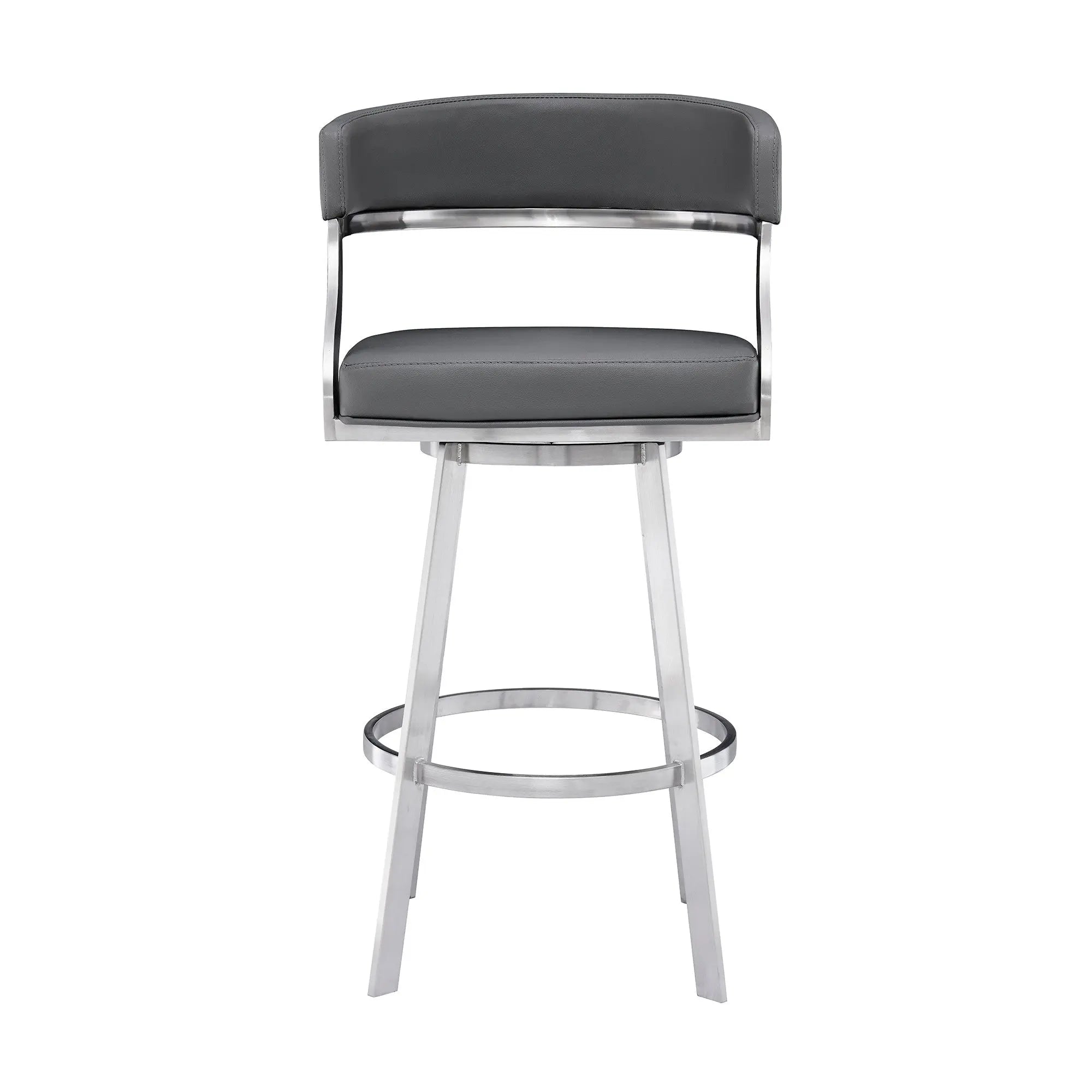26" Gray and Silver Faux Leather and Iron Low Back Counter Height Swivel Bar Chair Homeroots Living Room