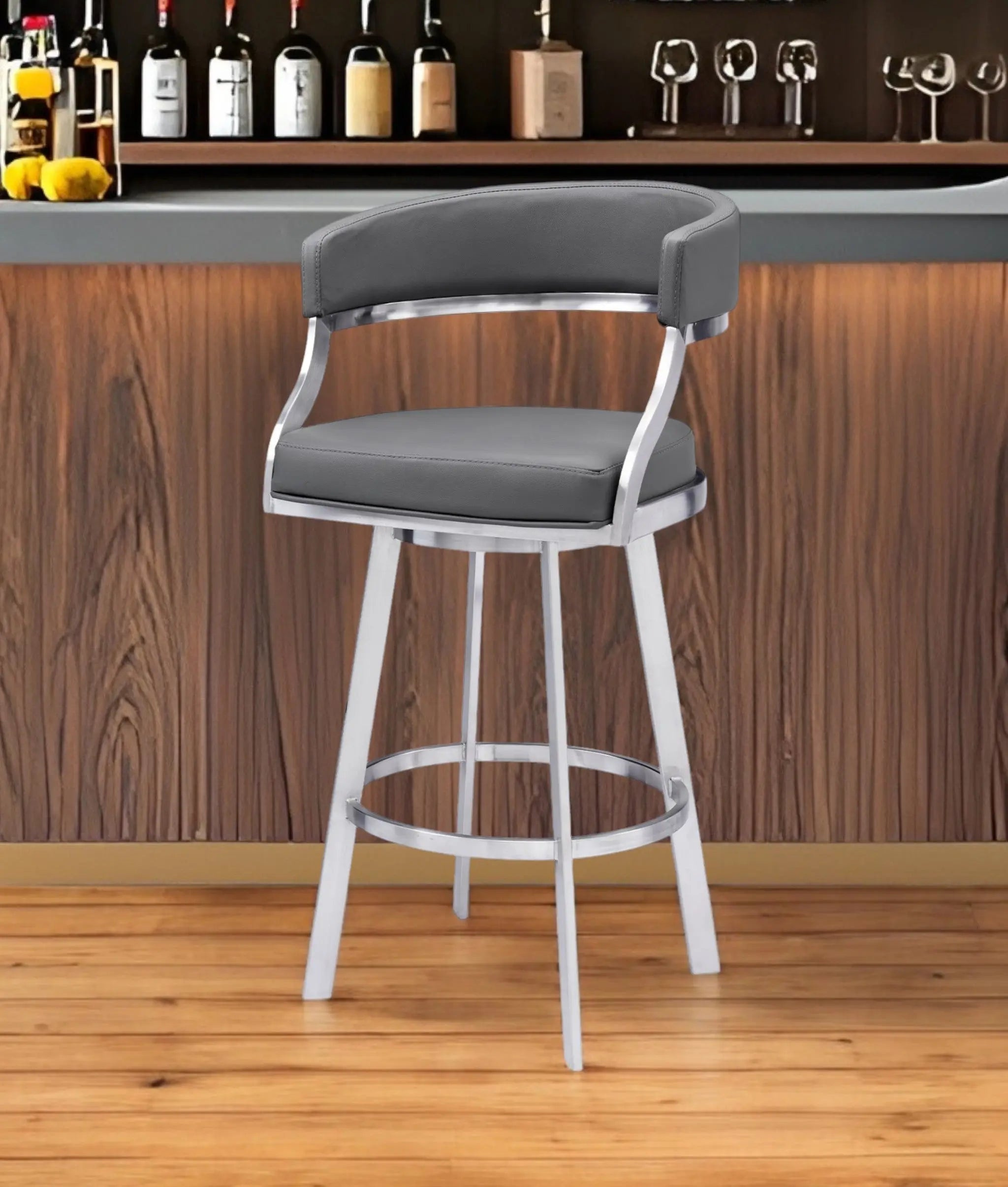 26" Gray and Silver Faux Leather and Iron Low Back Counter Height Swivel Bar Chair Homeroots Living Room