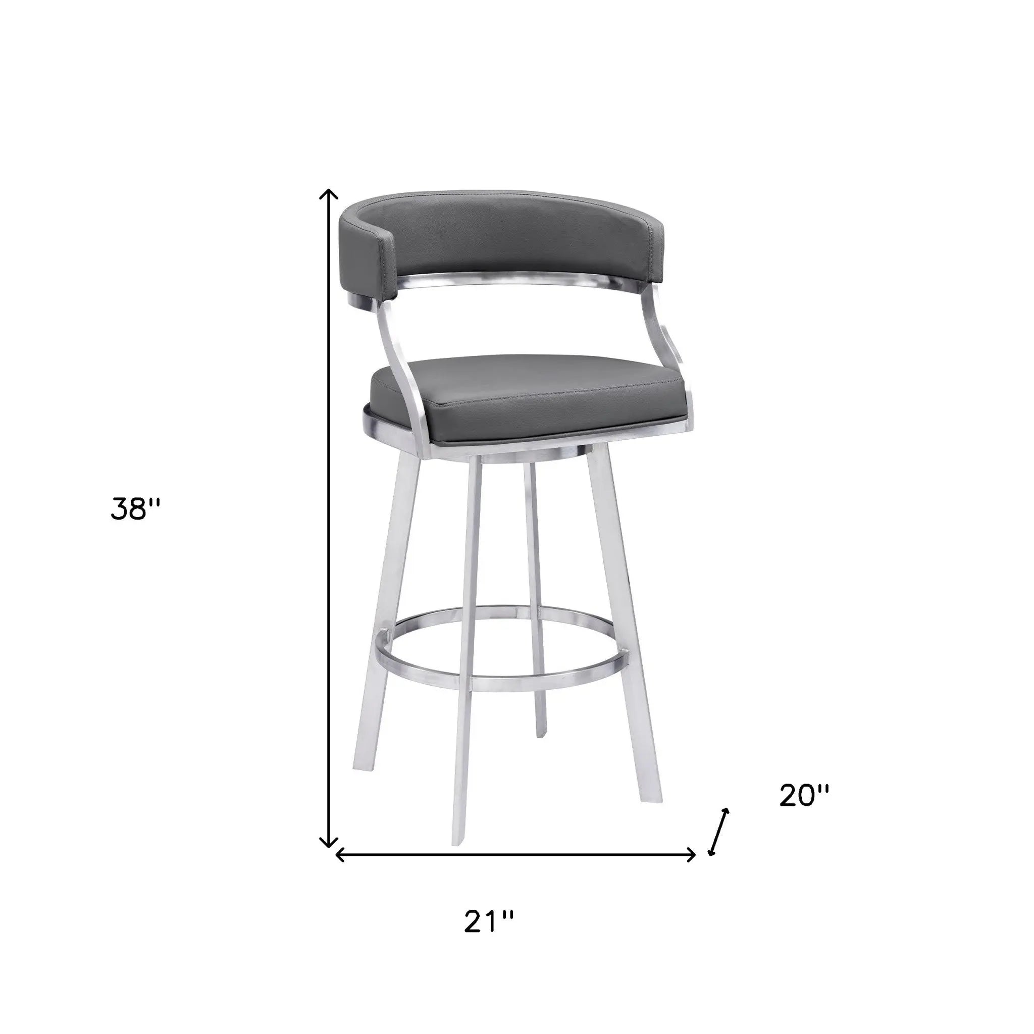 26" Gray and Silver Faux Leather and Iron Low Back Counter Height Swivel Bar Chair Homeroots Living Room