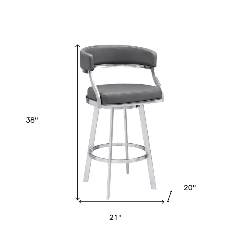 26" Gray and Silver Faux Leather and Iron Low Back Counter Height Swivel Bar Chair Homeroots Living Room