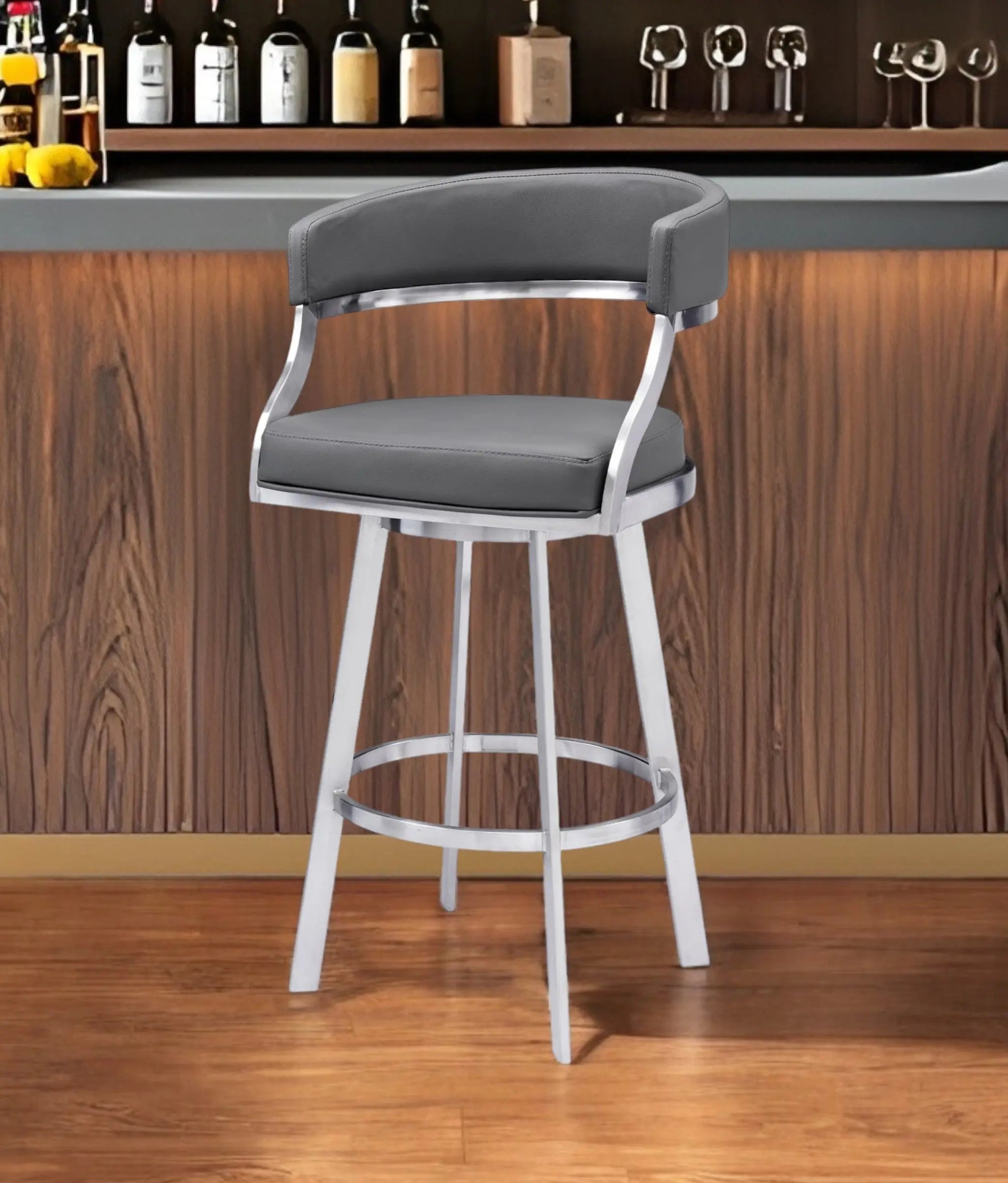 26" Gray and Silver Faux Leather and Iron Low Back Counter Height Swivel Bar Chair Homeroots Living Room