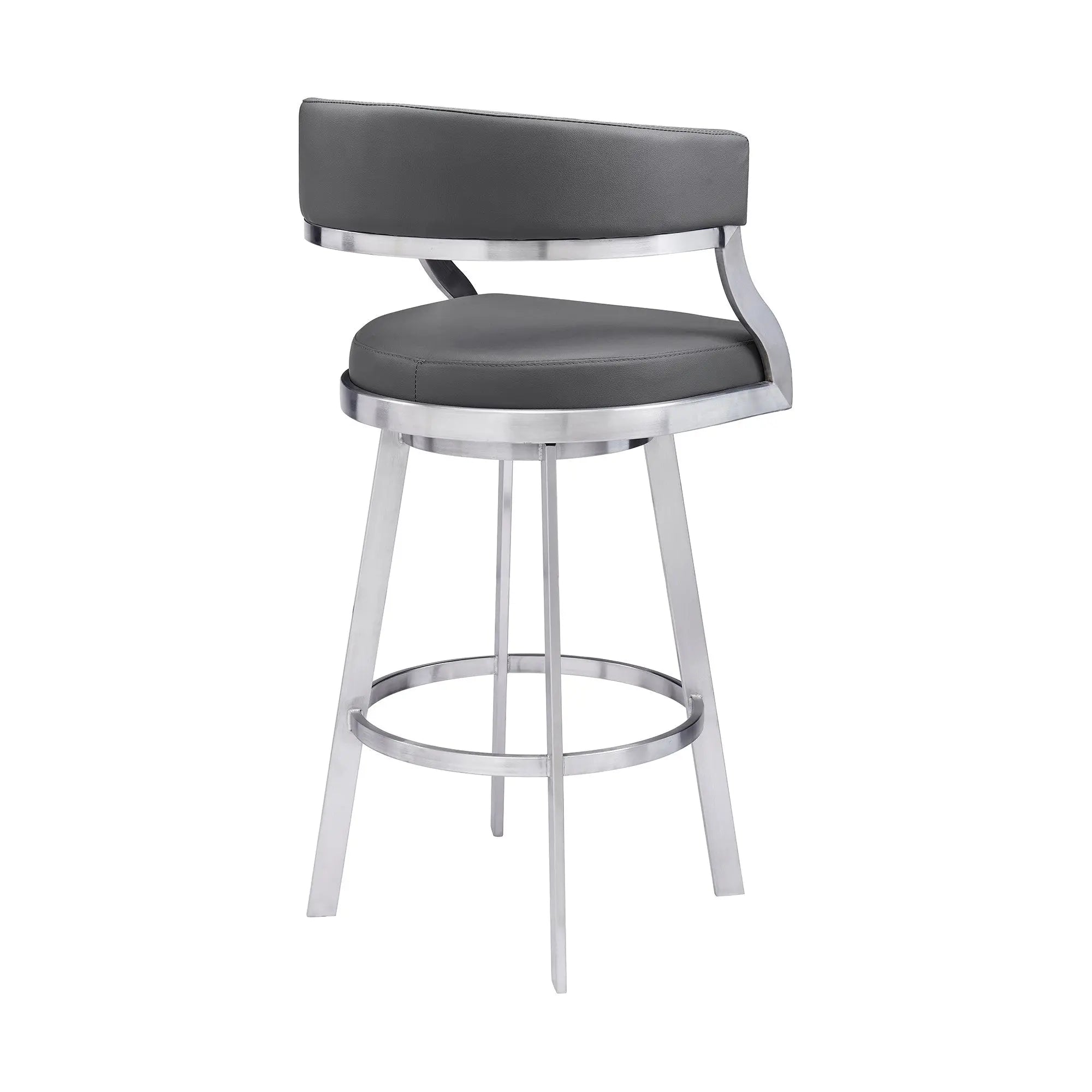 26" Gray and Silver Faux Leather and Iron Low Back Counter Height Swivel Bar Chair Homeroots Living Room