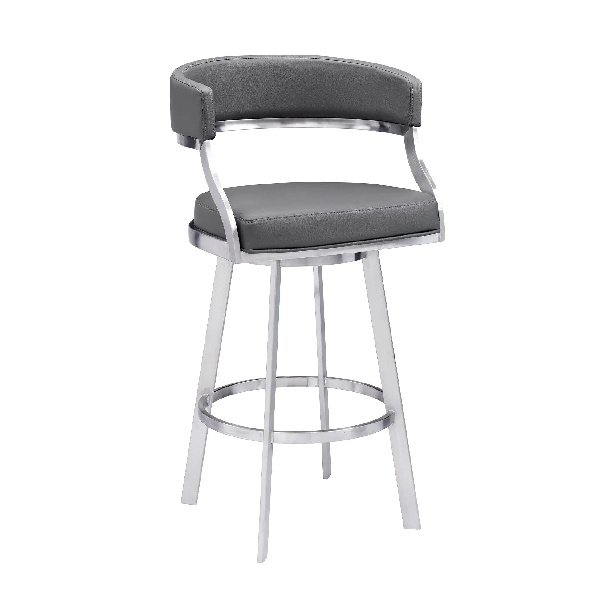 26" Gray and Silver Faux Leather and Iron Low Back Counter Height Swivel Bar Chair Homeroots Living Room