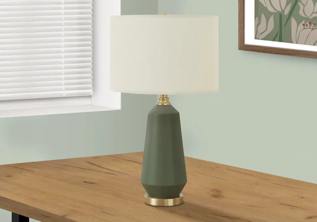 26" Green Ceramic Geometric Table Lamp With Ivory Drum Shade Homeroots Lighting