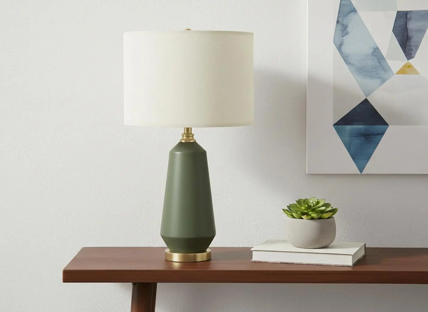 26" Green Ceramic Geometric Table Lamp With Ivory Drum Shade Homeroots Lighting