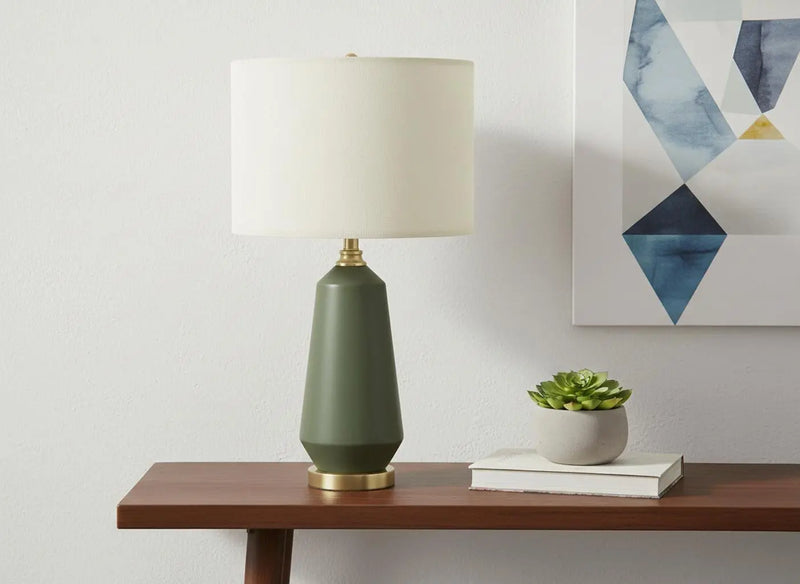 26" Green Ceramic Geometric Table Lamp With Ivory Drum Shade Homeroots Lighting