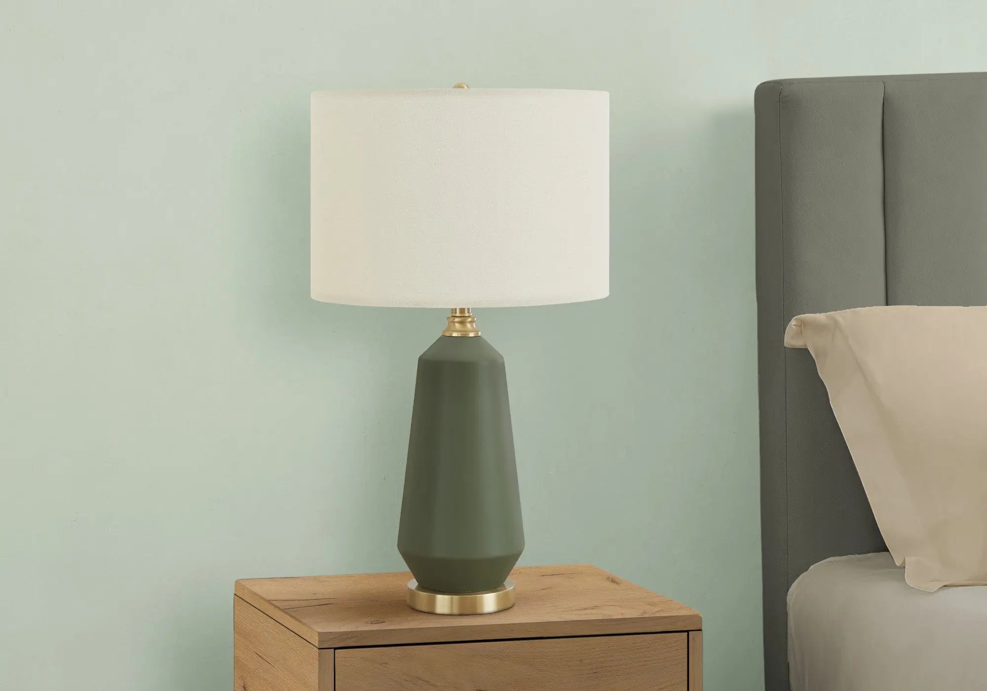 26" Green Ceramic Geometric Table Lamp With Ivory Drum Shade Homeroots Lighting