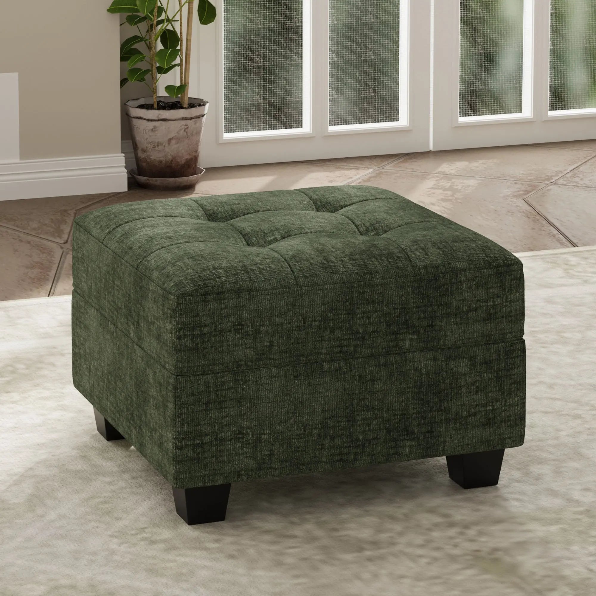 26" Green and Black Chenille Tufted Footstool With Storage Homeroots Living Room