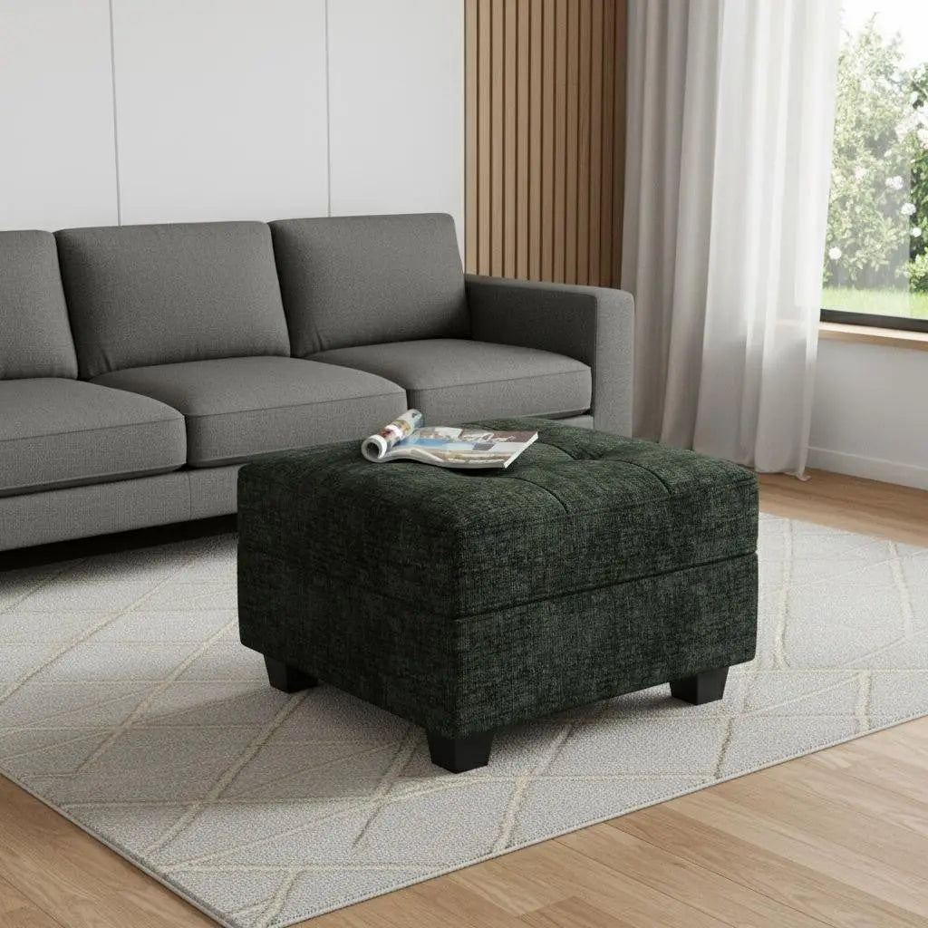26" Green and Black Chenille Tufted Footstool With Storage Homeroots Living Room