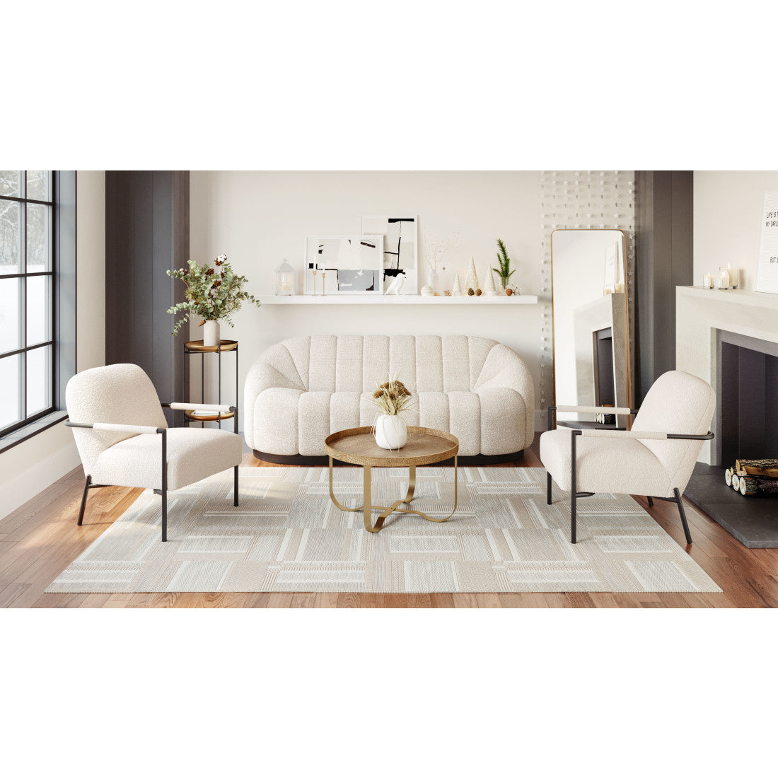 26" Ivory And Black Faux Shearling And Upholstered Arm Chair Homeroots Living Room