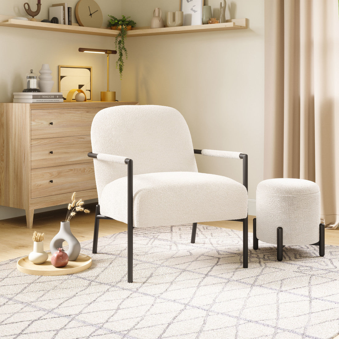 26" Ivory And Black Faux Shearling And Upholstered Arm Chair Homeroots Living Room