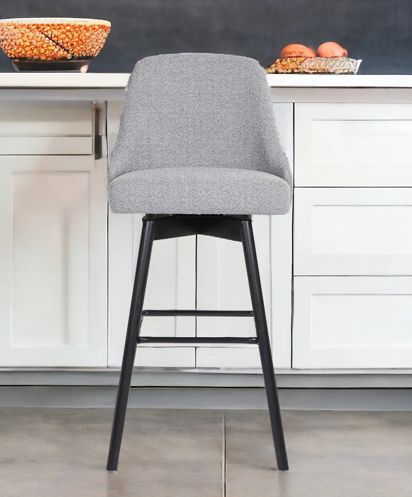 26" Light Gray and Black Fabric with Solid Wood Swivel Counter Height Bar Chair Homeroots Living Room