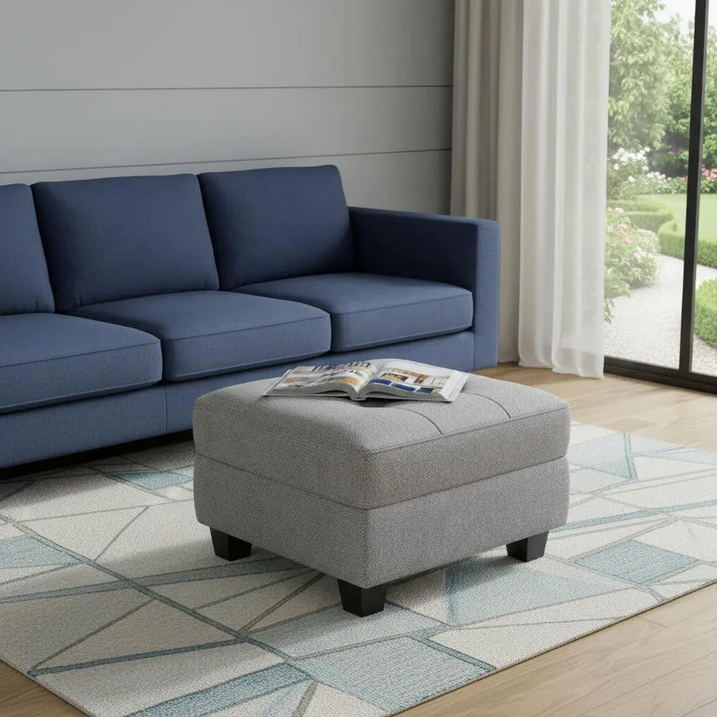 26" Light Gray and Black Linen Tufted Storage Ottoman Homeroots Living Room