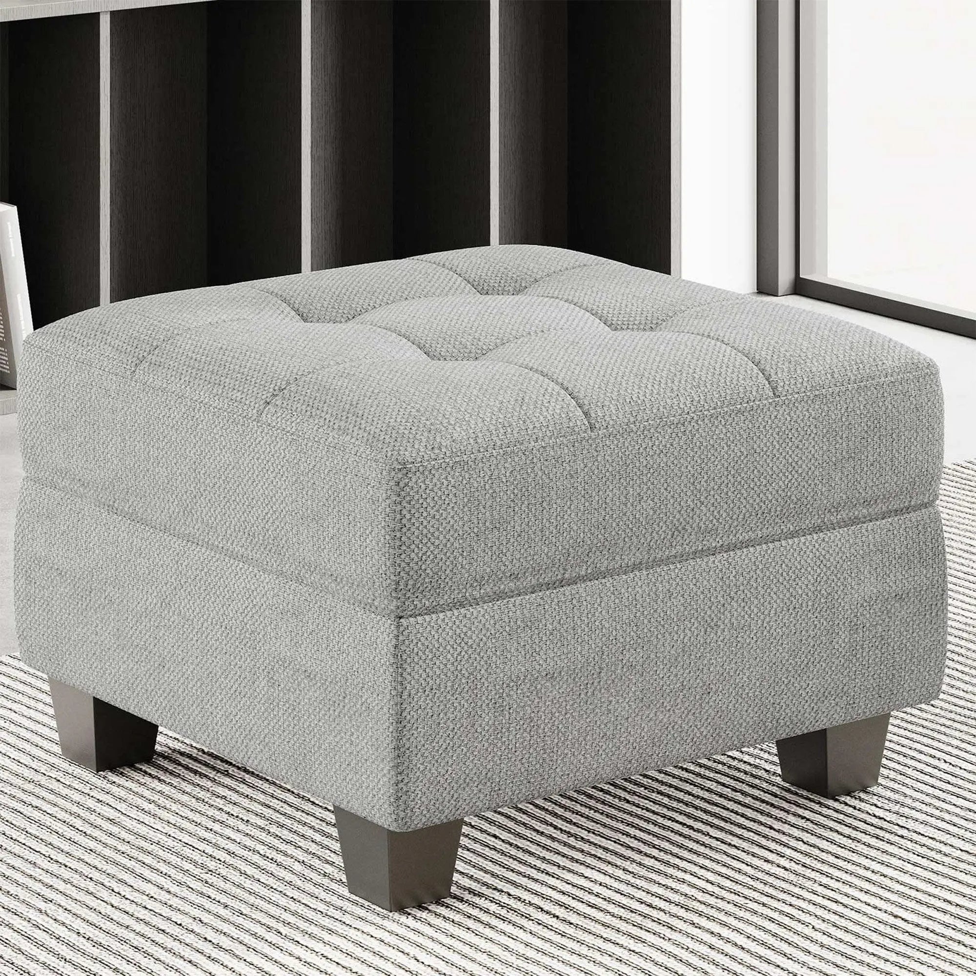 26" Light Gray and Black Linen Tufted Storage Ottoman Homeroots Living Room