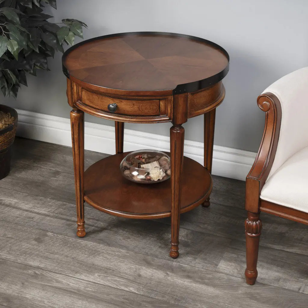 26" Medium Brown Manufactured Wood Round End Table With Drawer And Shelf Homeroots Living Room