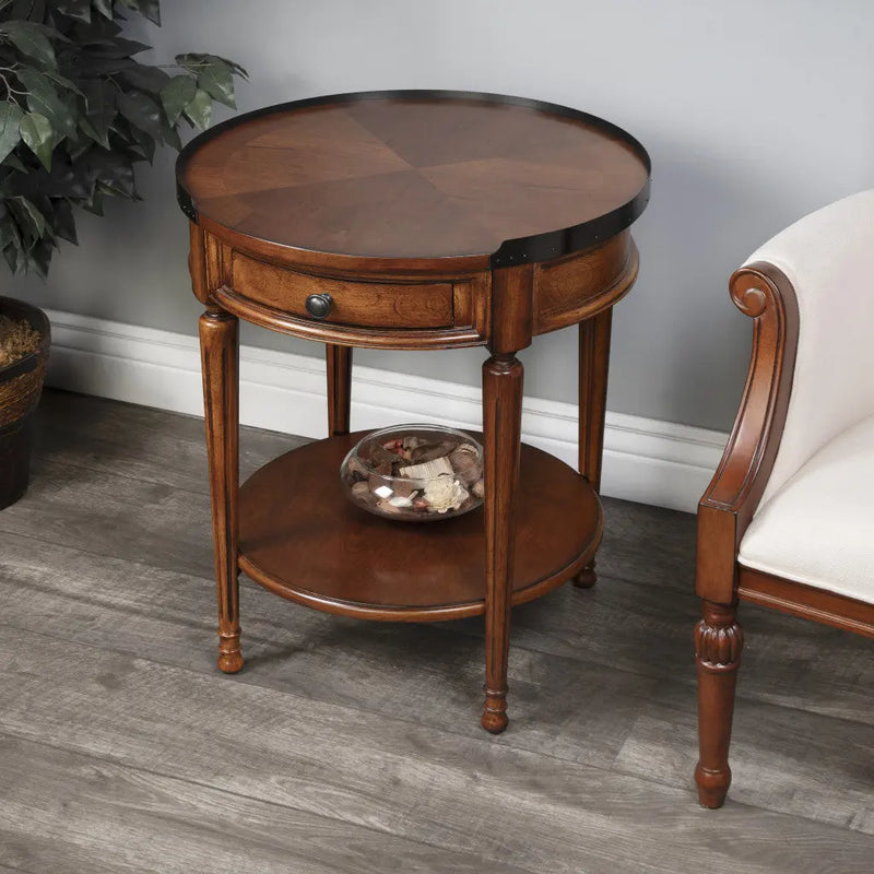 26" Medium Brown Manufactured Wood Round End Table With Drawer And Shelf Homeroots Living Room