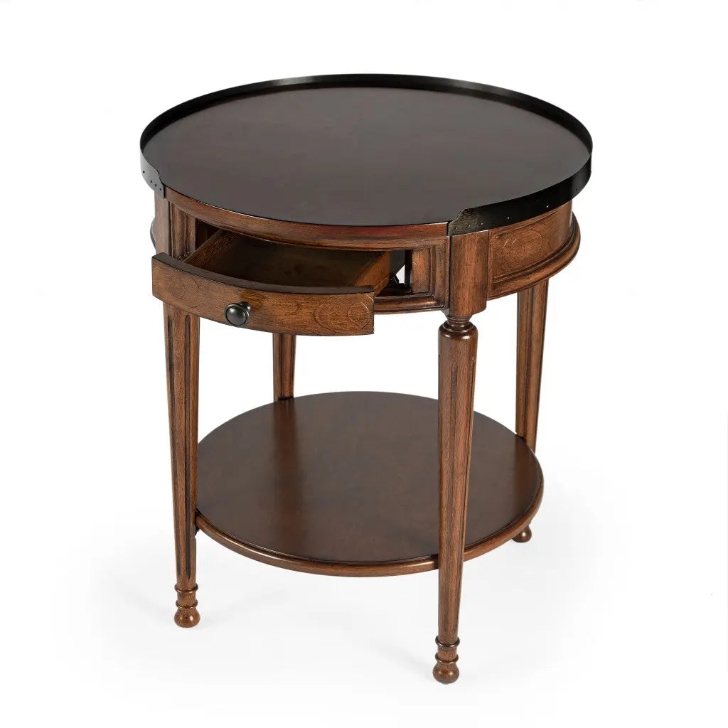 26" Medium Brown Manufactured Wood Round End Table With Drawer And Shelf Homeroots Living Room