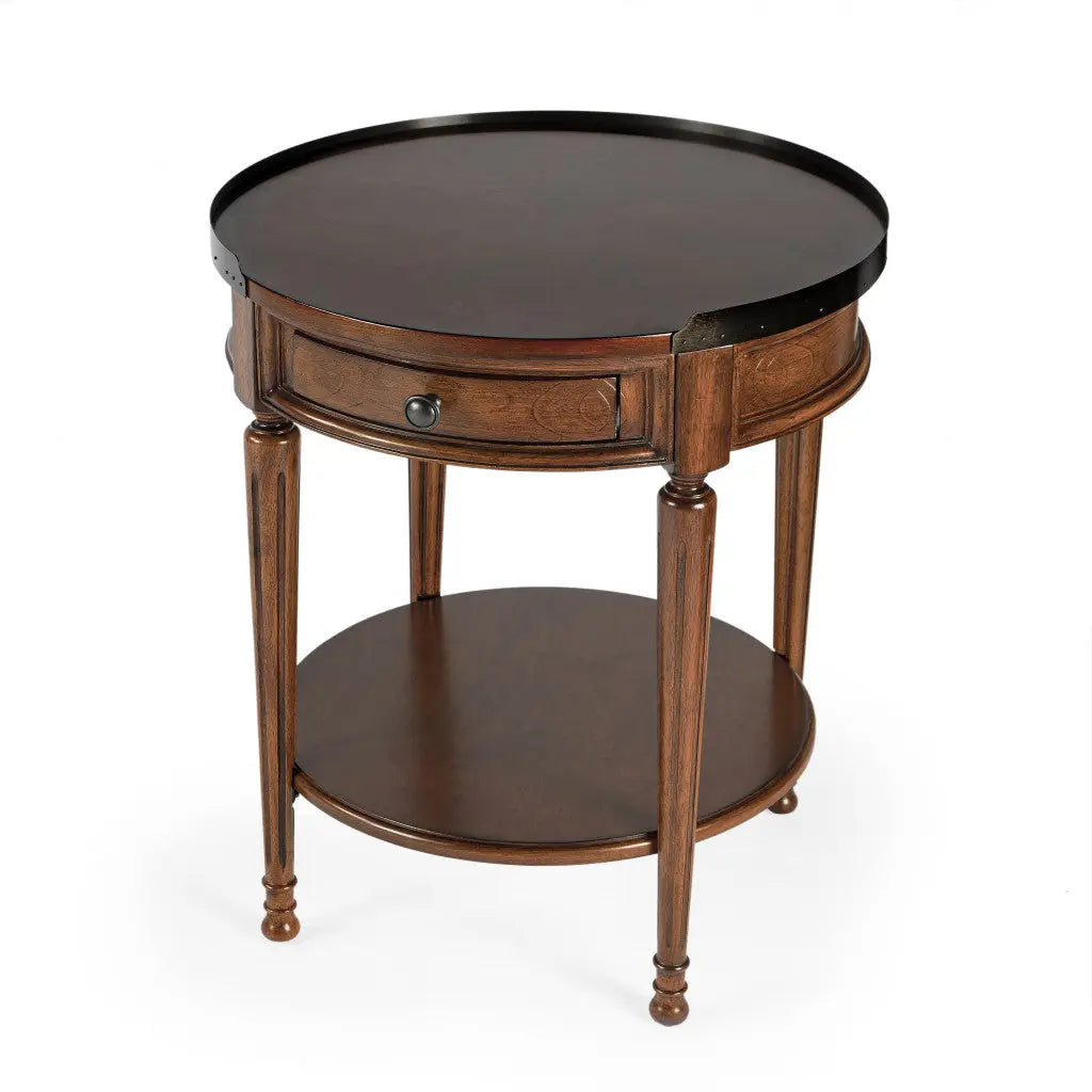 26" Medium Brown Manufactured Wood Round End Table With Drawer And Shelf Homeroots Living Room