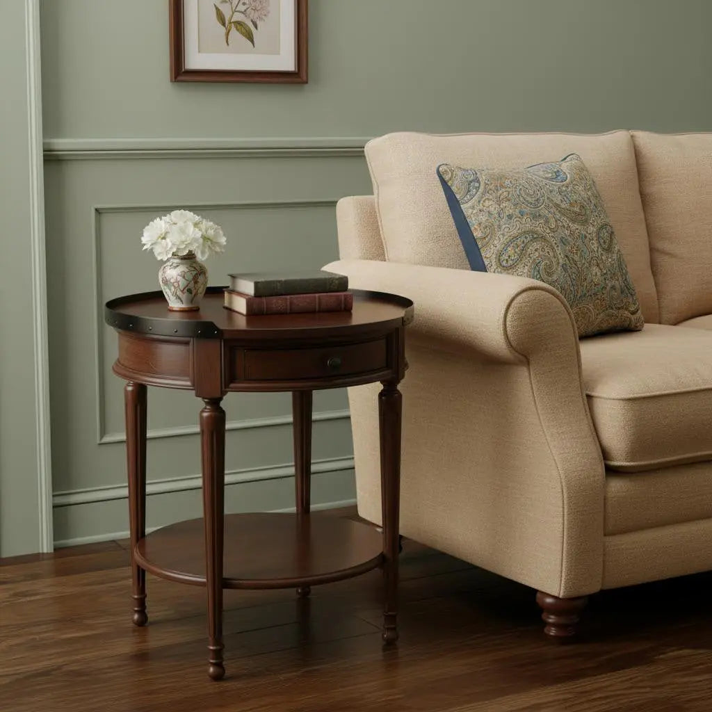 26" Medium Brown Manufactured Wood Round End Table With Drawer And Shelf Homeroots Living Room