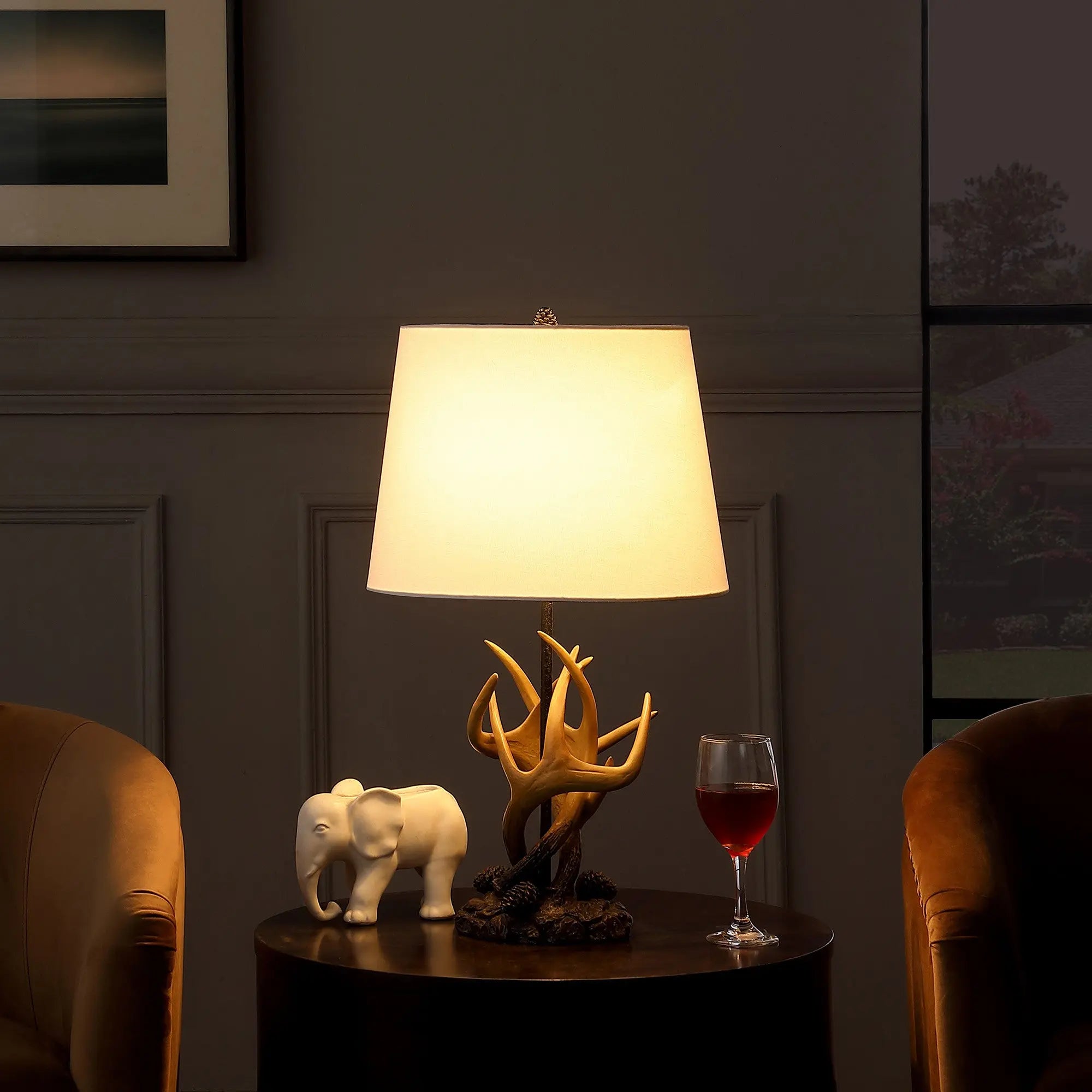 26" Natural And Brown Antlers Table Lamp With White Shade Homeroots Lighting