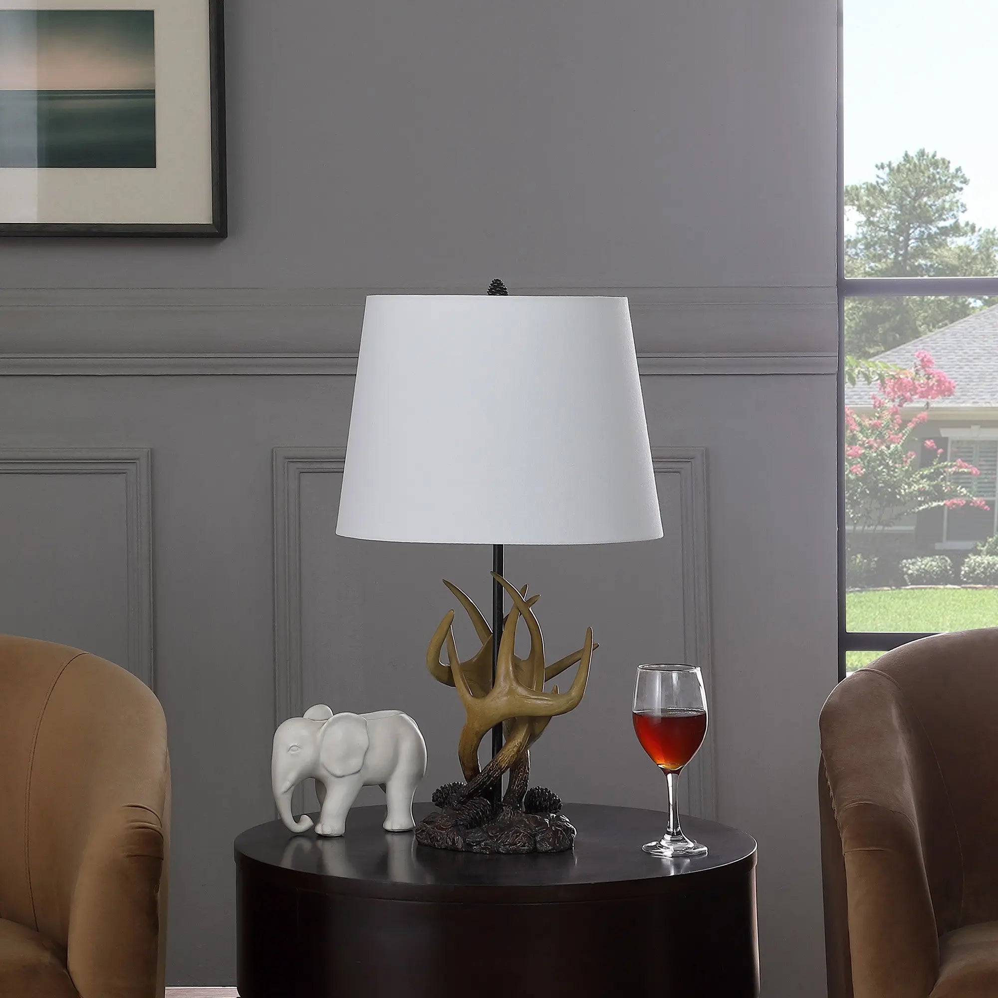 26" Natural And Brown Antlers Table Lamp With White Shade Homeroots Lighting