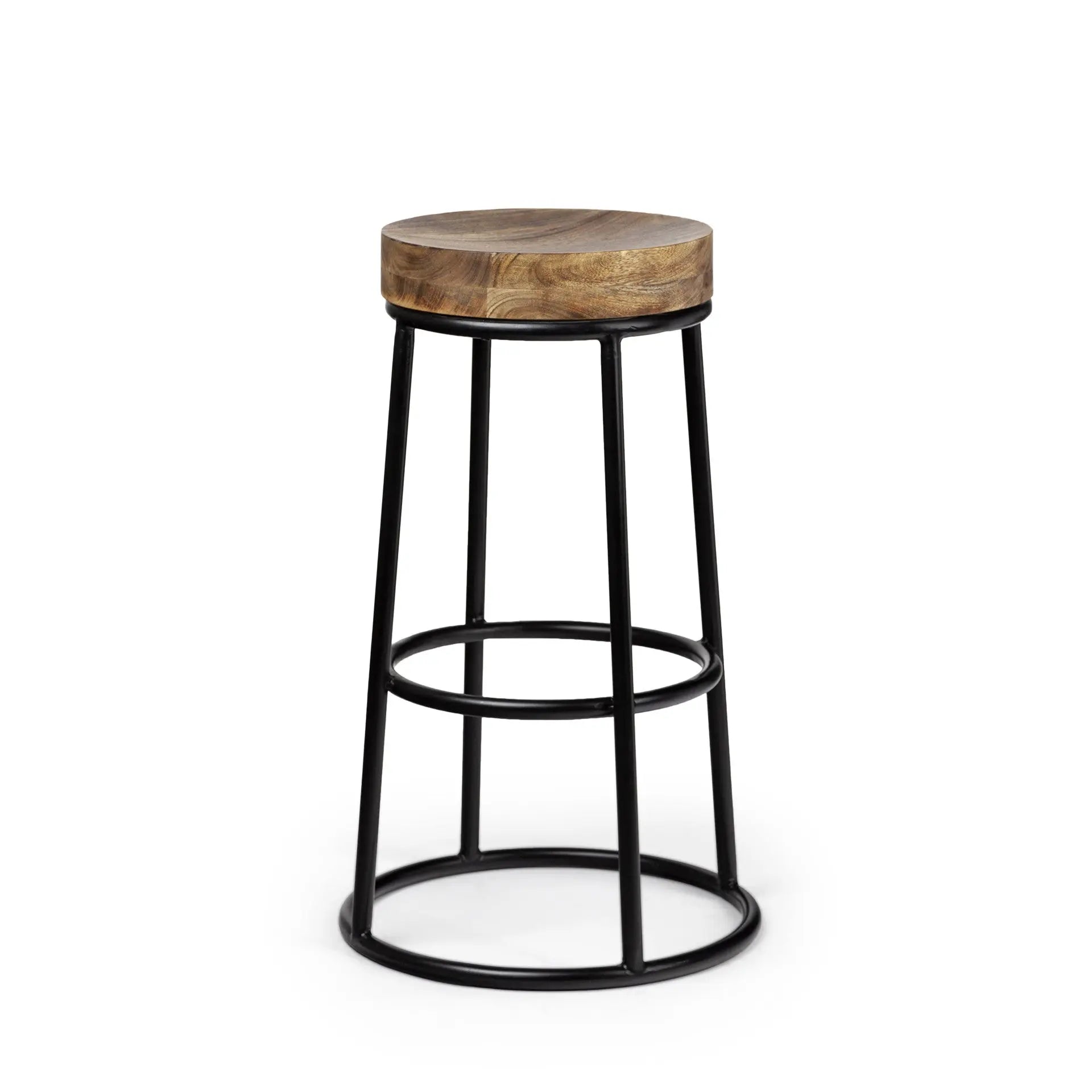 26" Natural and Black Solid Wood and Iron Backless Counter Height Bar Chair Homeroots Living Room