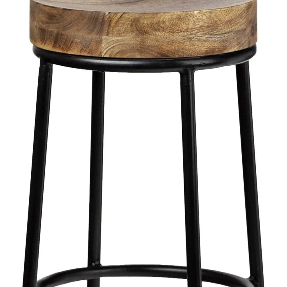 26" Natural and Black Solid Wood and Iron Backless Counter Height Bar Chair Homeroots Living Room