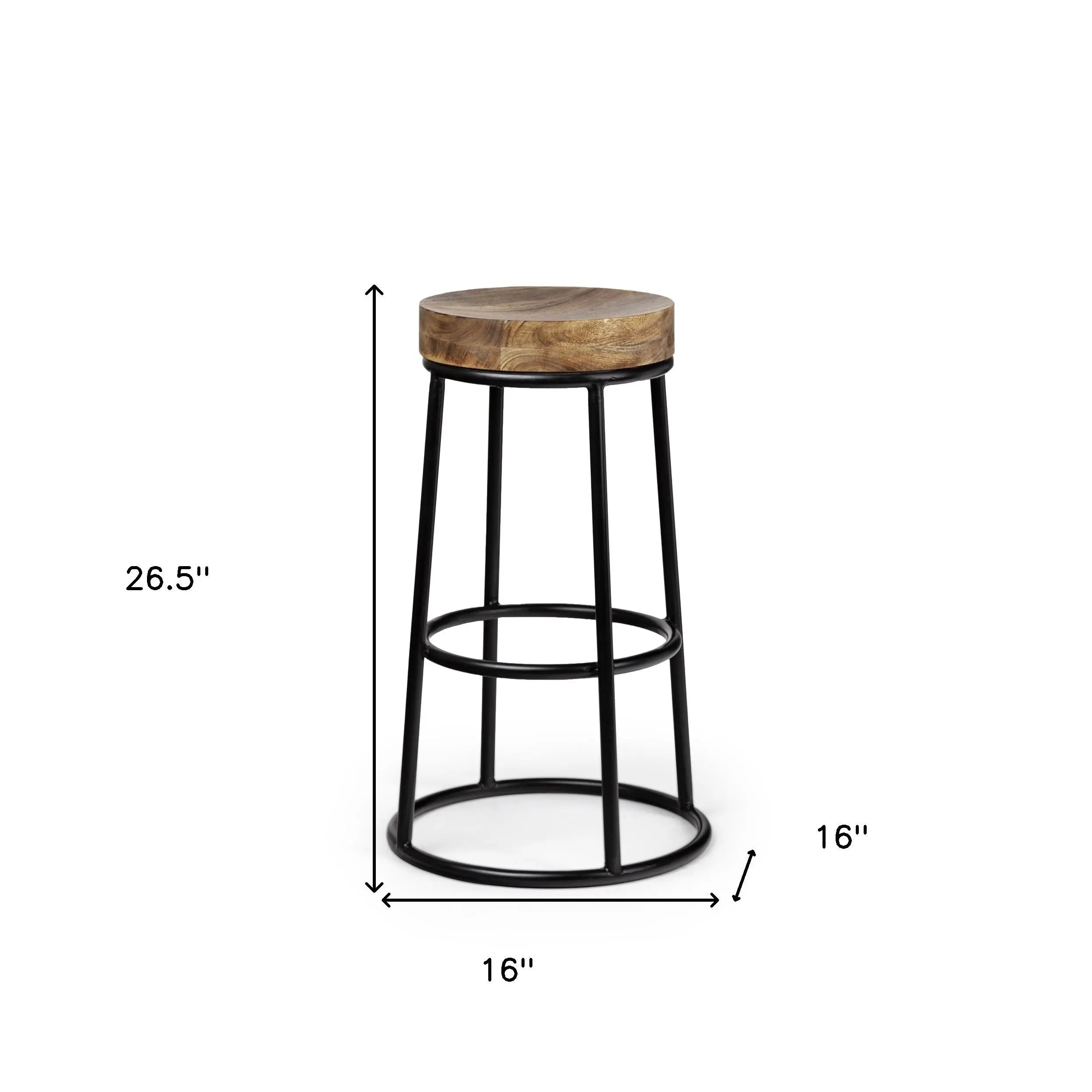 26" Natural and Black Solid Wood and Iron Backless Counter Height Bar Chair Homeroots Living Room